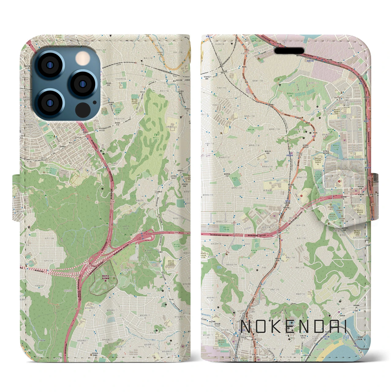 【能見台(神奈川県)】地図柄iPhoneケース(手帳タイプ)ナチュラル・iPhone 12 / 12 Pro 用