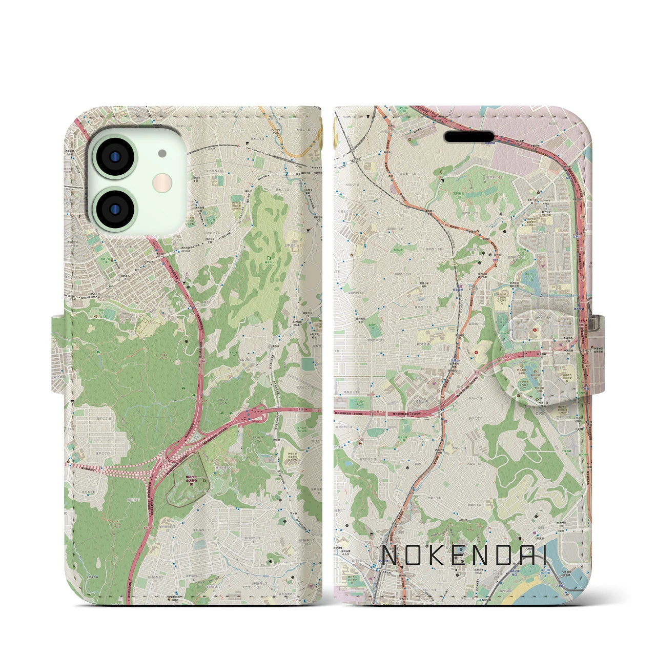 【能見台(神奈川県)】地図柄iPhoneケース(手帳タイプ)ナチュラル・iPhone 12 mini 用