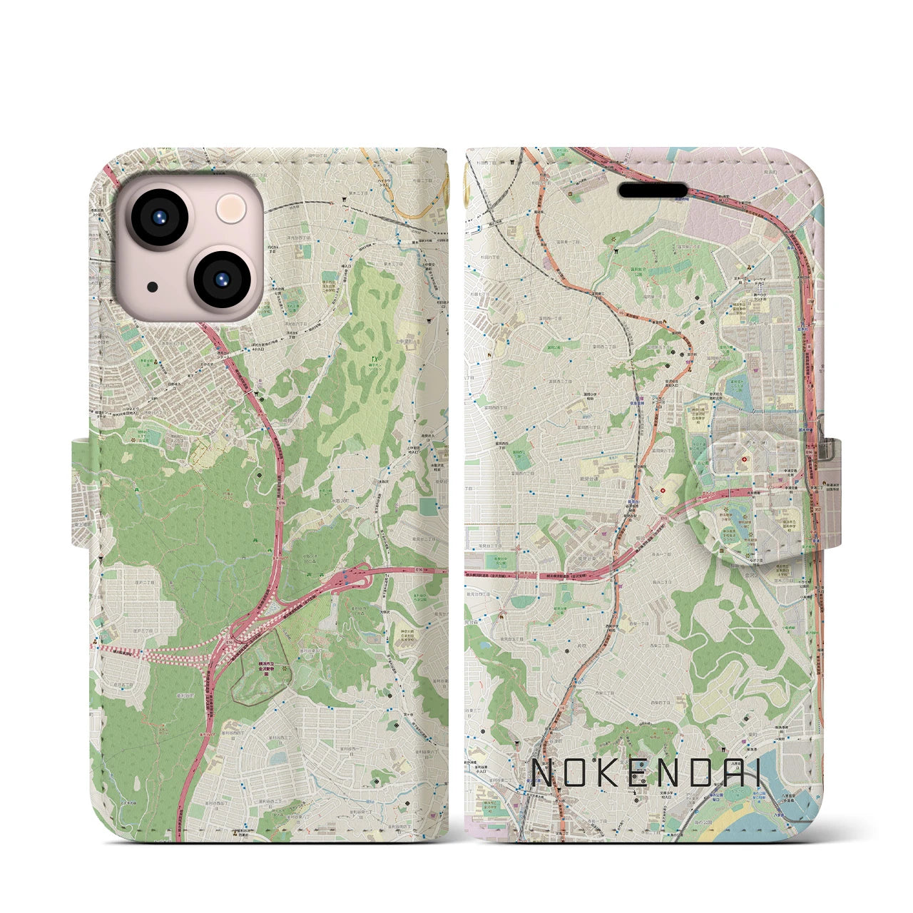 【能見台(神奈川県)】地図柄iPhoneケース(手帳タイプ)ナチュラル・iPhone 13 mini 用