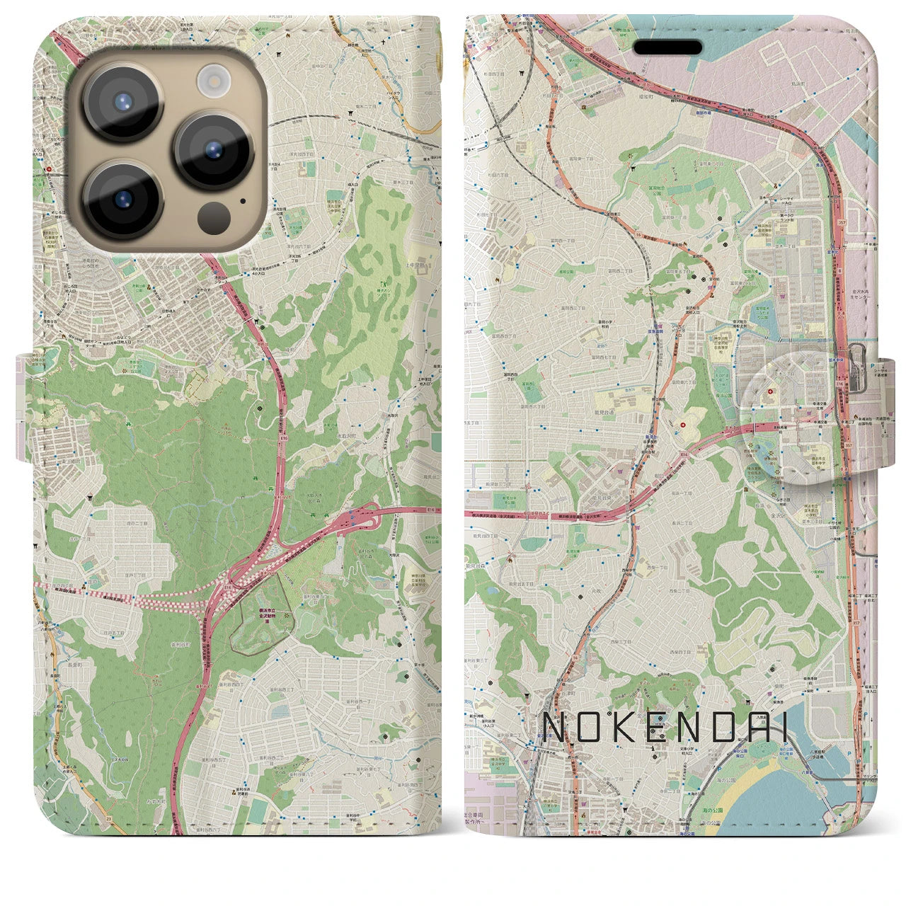 【能見台(神奈川県)】地図柄iPhoneケース(手帳タイプ)ナチュラル・iPhone 14 Pro Max 用