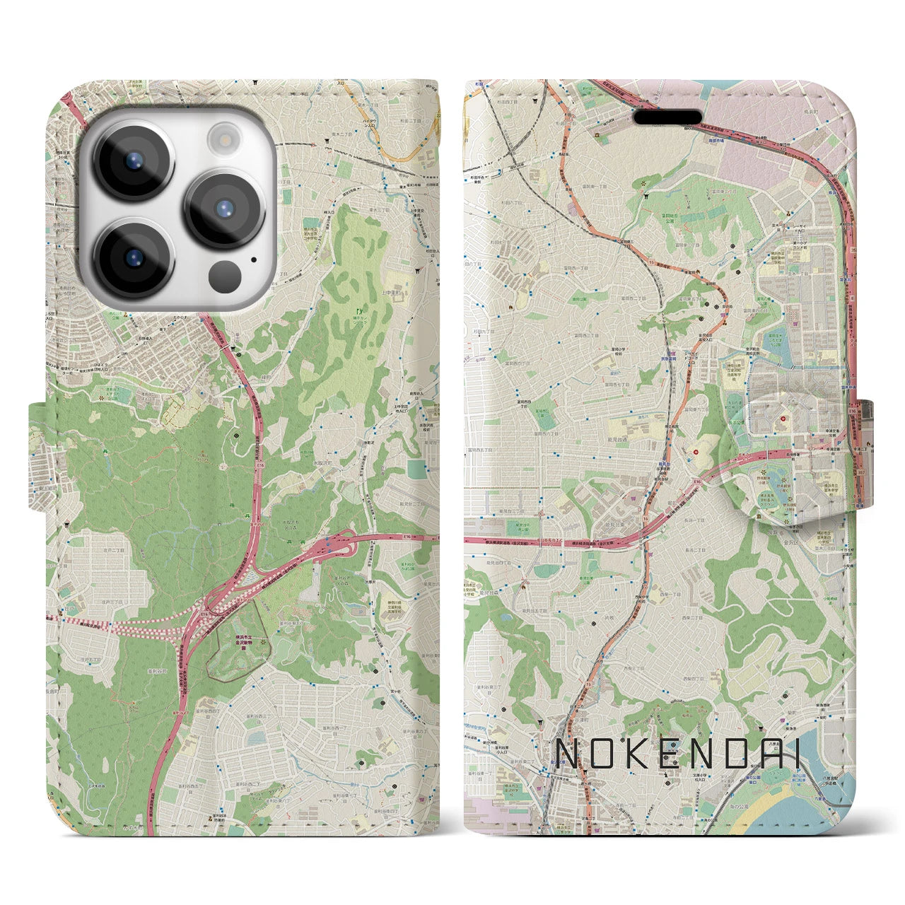 【能見台(神奈川県)】地図柄iPhoneケース(手帳タイプ)ナチュラル・iPhone 14 Pro 用