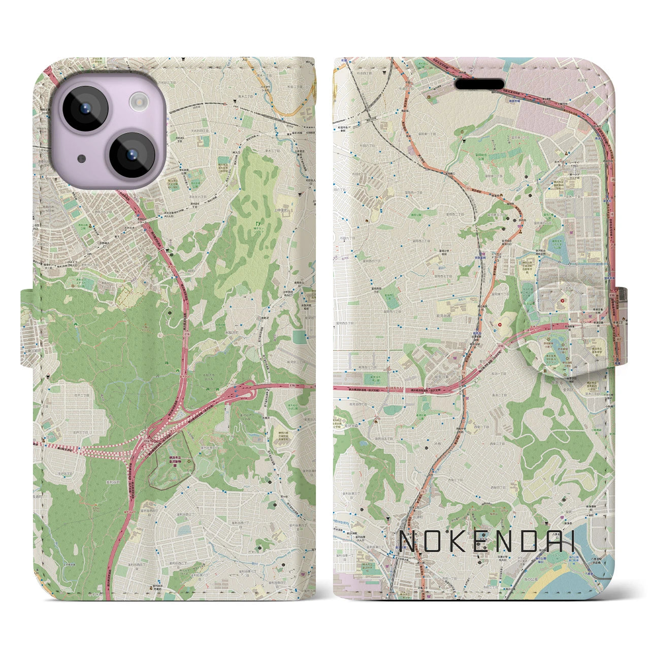 【能見台(神奈川県)】地図柄iPhoneケース(手帳タイプ)ナチュラル・iPhone 14 用