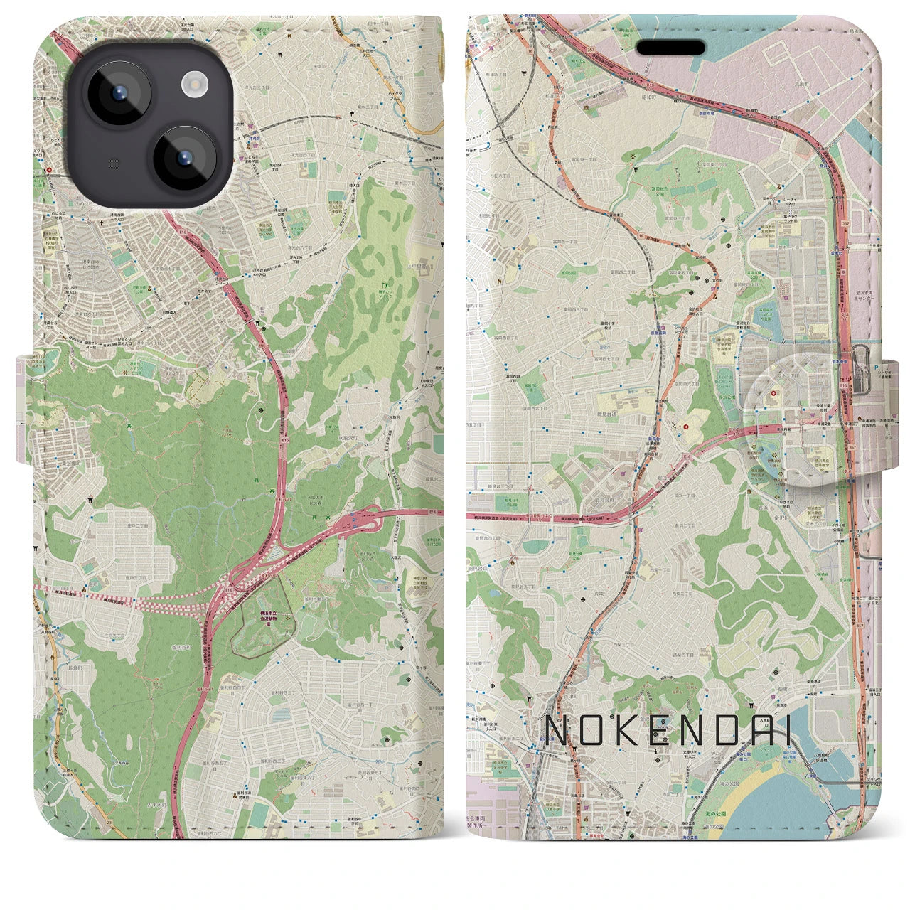 【能見台(神奈川県)】地図柄iPhoneケース(手帳タイプ)ナチュラル・iPhone 14 Plus 用