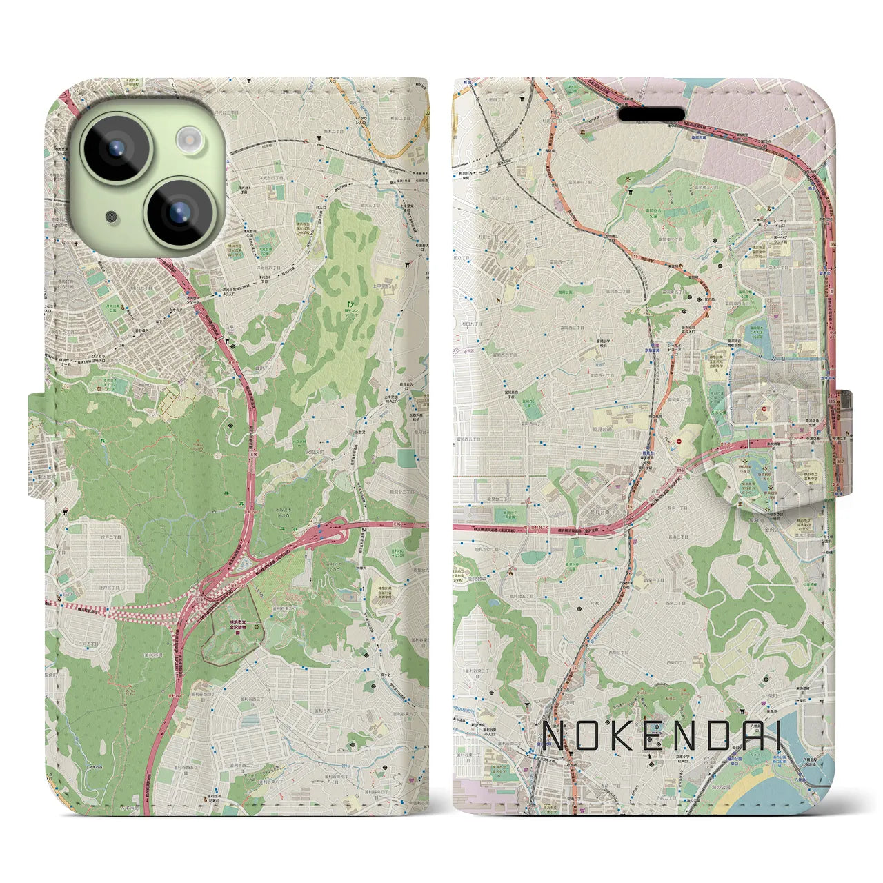 【能見台(神奈川県)】地図柄iPhoneケース(手帳タイプ)ナチュラル・iPhone 15 用