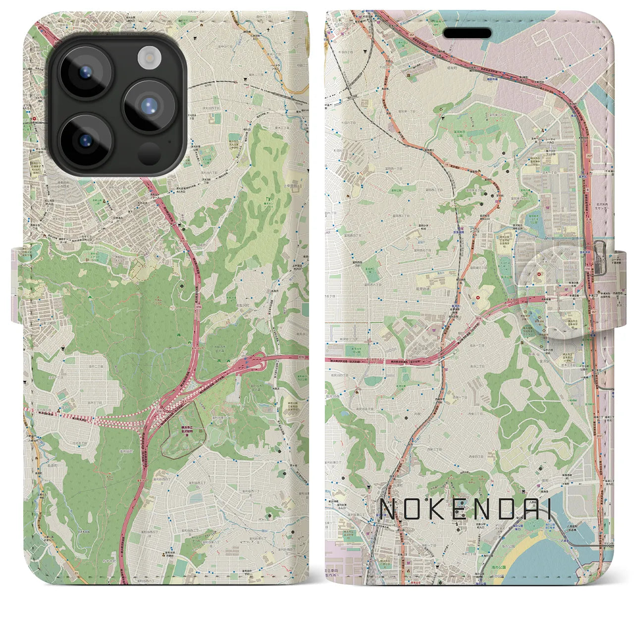 【能見台(神奈川県)】地図柄iPhoneケース(手帳タイプ)ナチュラル・iPhone 15 Pro Max 用