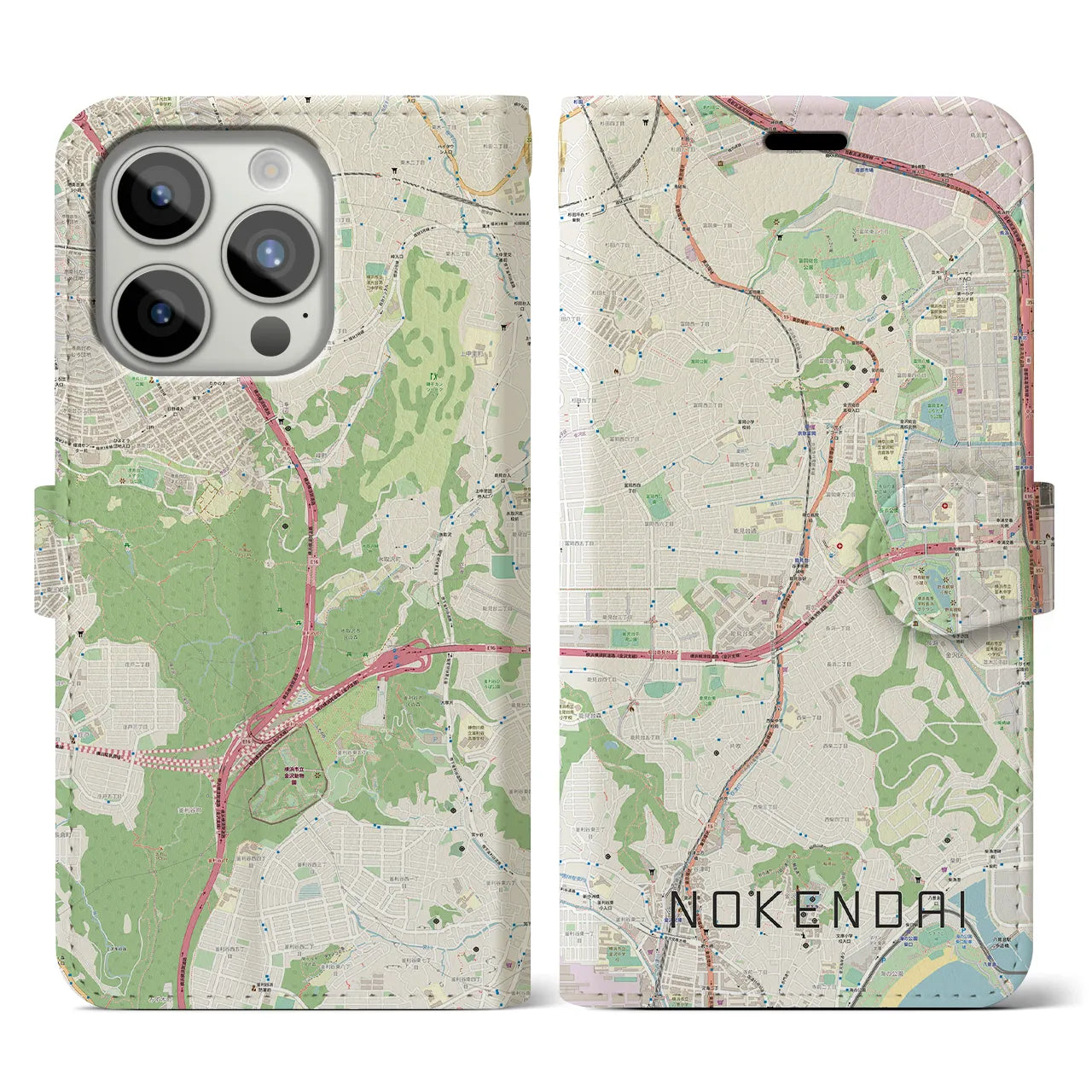 【能見台(神奈川県)】地図柄iPhoneケース(手帳タイプ)ナチュラル・iPhone 15 Pro 用