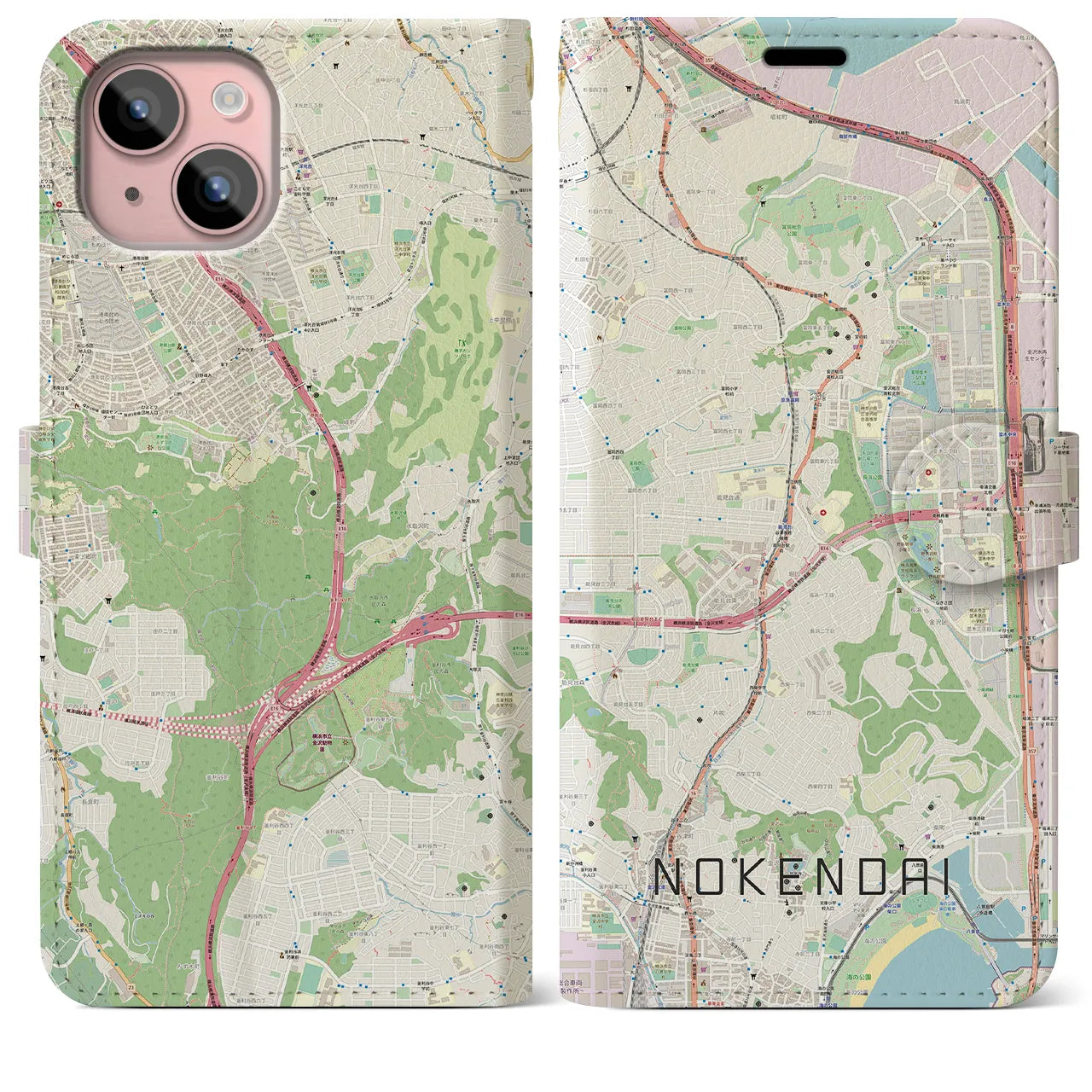 【能見台(神奈川県)】地図柄iPhoneケース(手帳タイプ)ナチュラル・iPhone 15 Plus 用