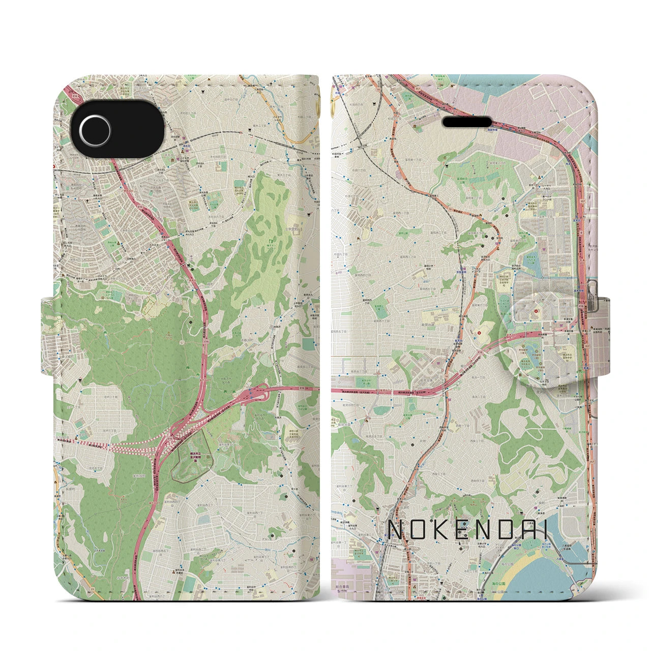 【能見台(神奈川県)】地図柄iPhoneケース(手帳タイプ)ナチュラル・iPhone SE(第3 / 第2世代) / 8 / 7 / 6s / 6 用