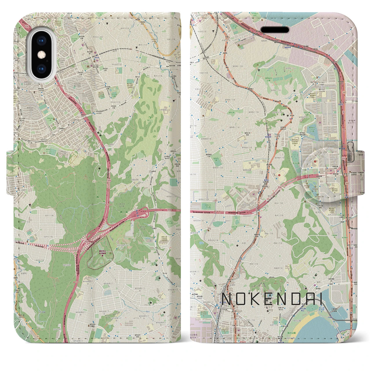 【能見台(神奈川県)】地図柄iPhoneケース(手帳タイプ)ナチュラル・iPhone XS Max 用