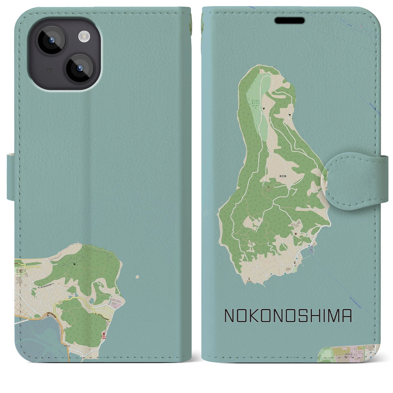 【能古島(福岡県)】地図柄iPhoneケース(手帳タイプ)ナチュラル・iPhone 14 Plus 用