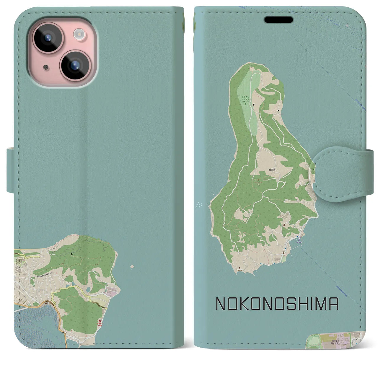 【能古島(福岡県)】地図柄iPhoneケース(手帳タイプ)ナチュラル・iPhone 15 Plus 用