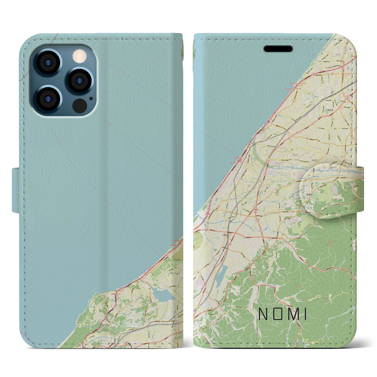 【能美(石川県)】地図柄iPhoneケース(手帳タイプ)ナチュラル・iPhone 12 / 12 Pro 用