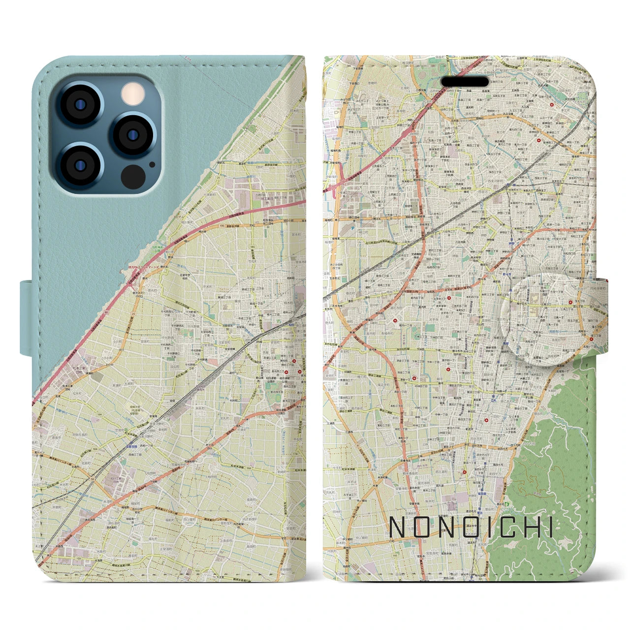 【野々市(石川県)】地図柄iPhoneケース(手帳タイプ)ナチュラル・iPhone 12 / 12 Pro 用