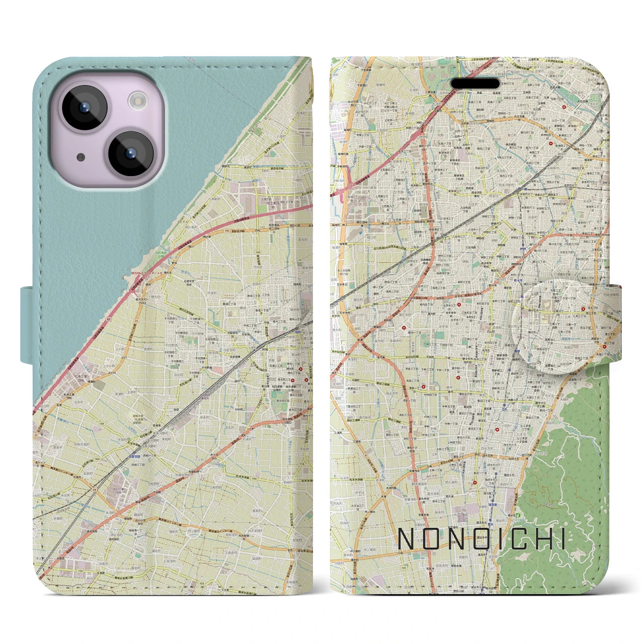 【野々市(石川県)】地図柄iPhoneケース(手帳タイプ)ナチュラル・iPhone 14 用