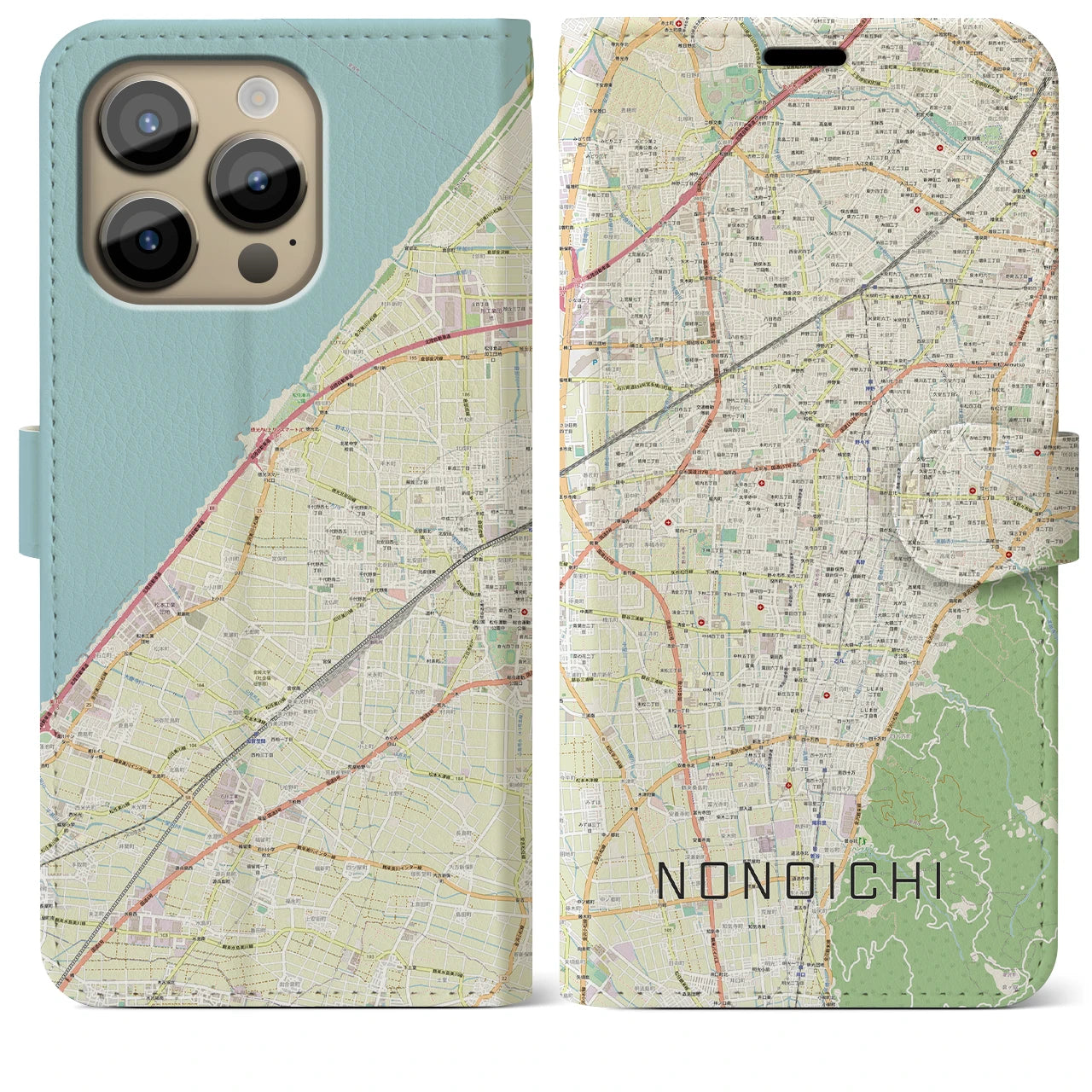 【野々市(石川県)】地図柄iPhoneケース(手帳タイプ)ナチュラル・iPhone 14 Pro Max 用