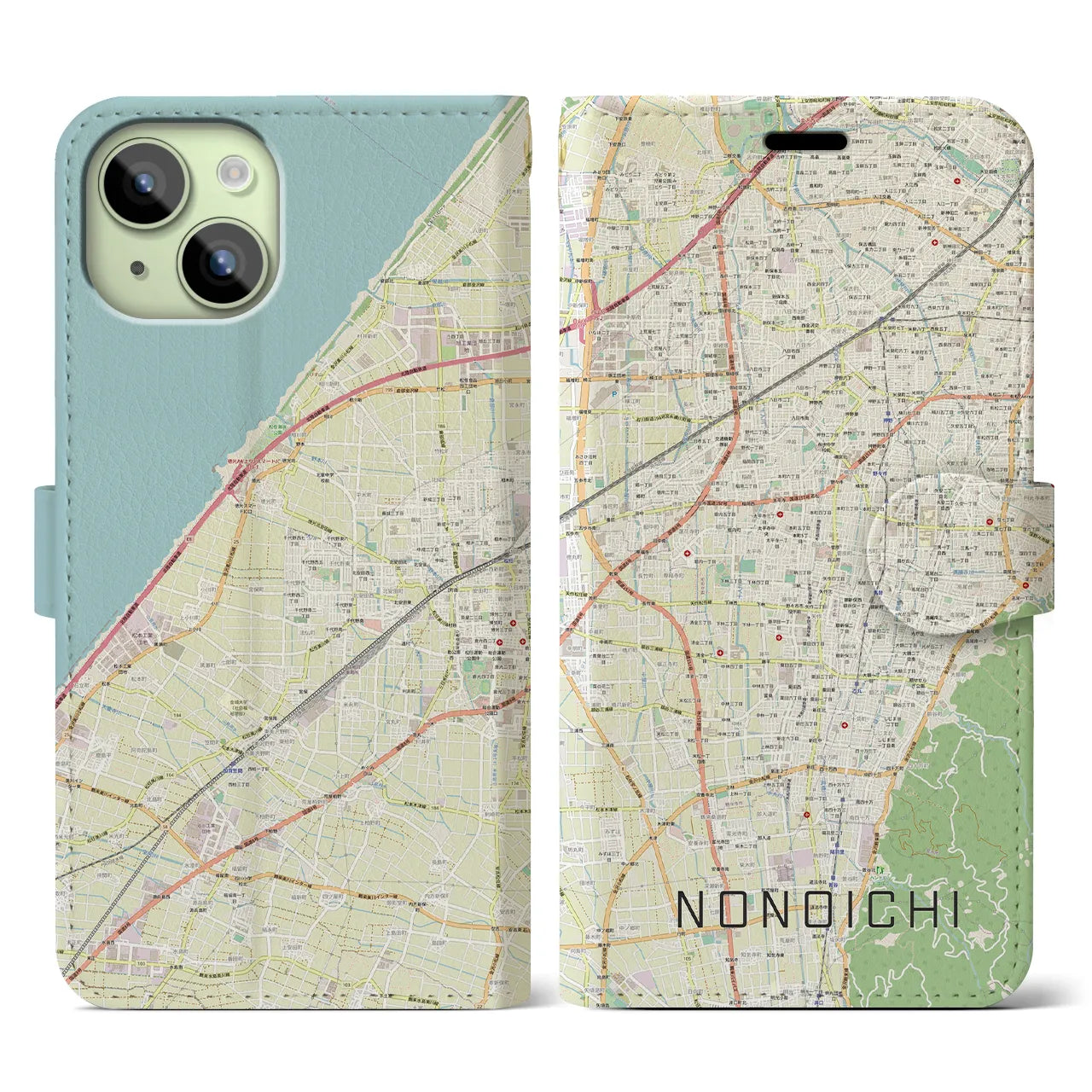 【野々市(石川県)】地図柄iPhoneケース(手帳タイプ)ナチュラル・iPhone 15 用