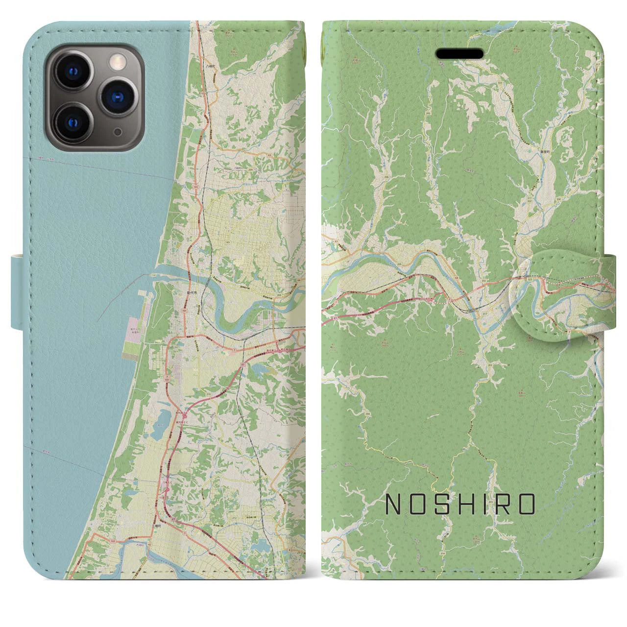 【能代(秋田県)】地図柄iPhoneケース(手帳タイプ)ナチュラル・iPhone 11 Pro Max 用