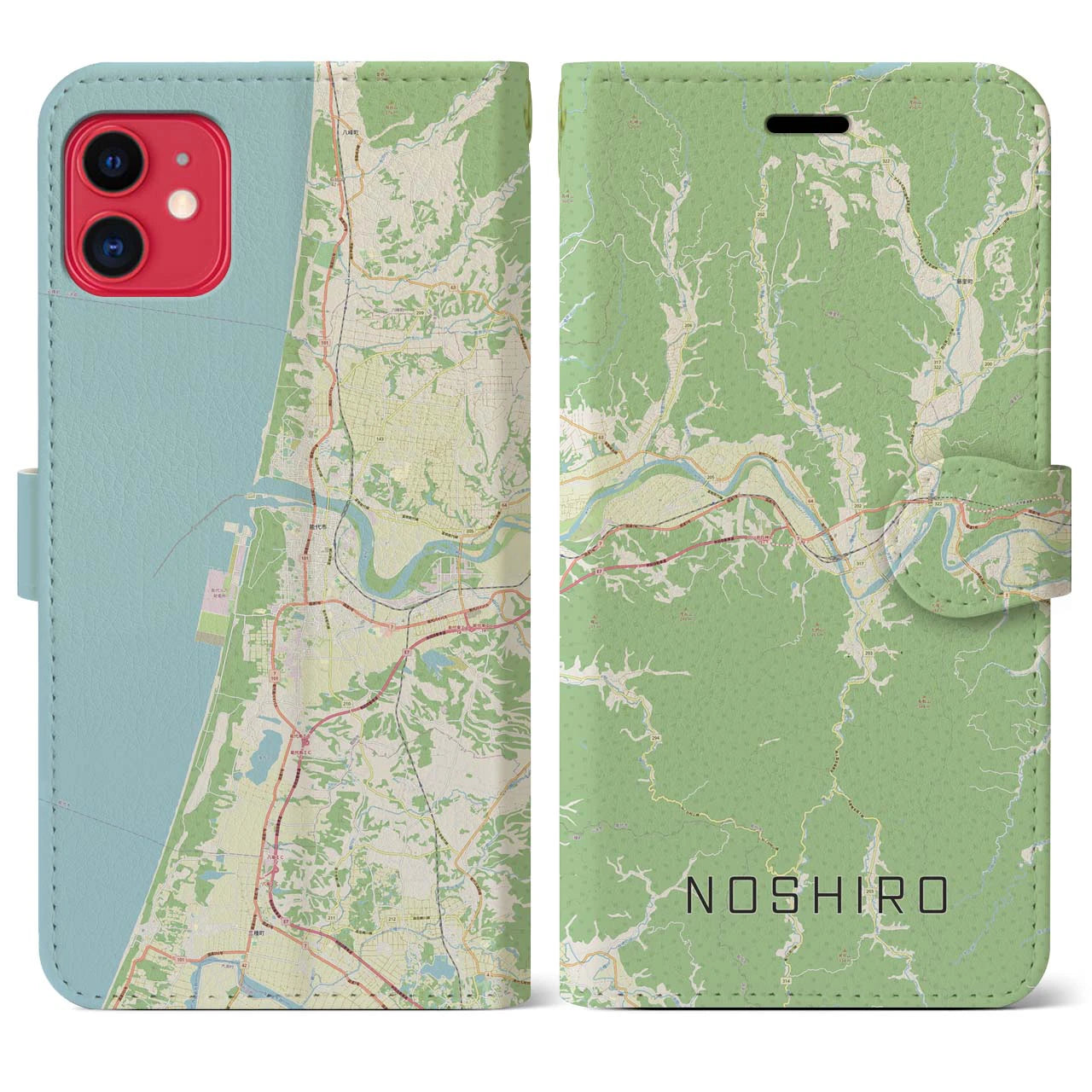 【能代(秋田県)】地図柄iPhoneケース(手帳タイプ)ナチュラル・iPhone 11 用