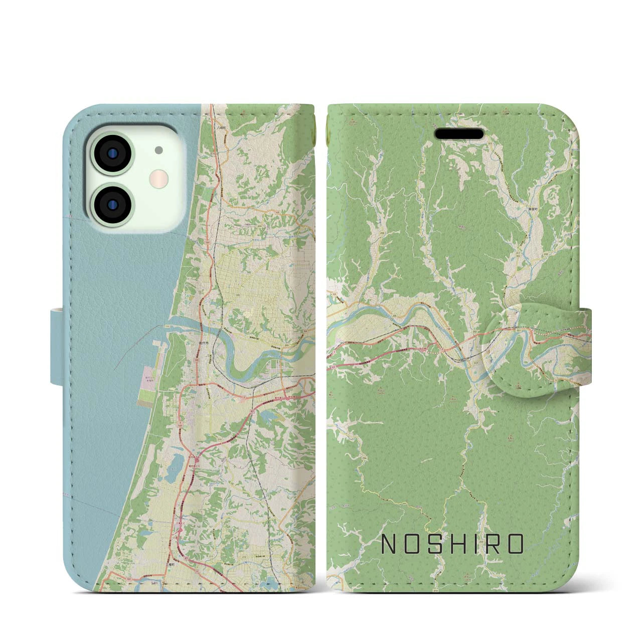 【能代(秋田県)】地図柄iPhoneケース(手帳タイプ)ナチュラル・iPhone 12 mini 用