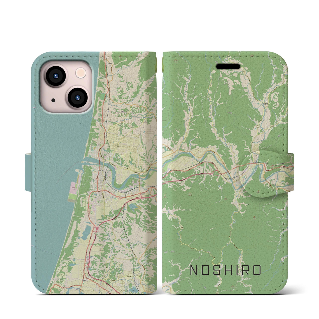 【能代(秋田県)】地図柄iPhoneケース(手帳タイプ)ナチュラル・iPhone 13 mini 用