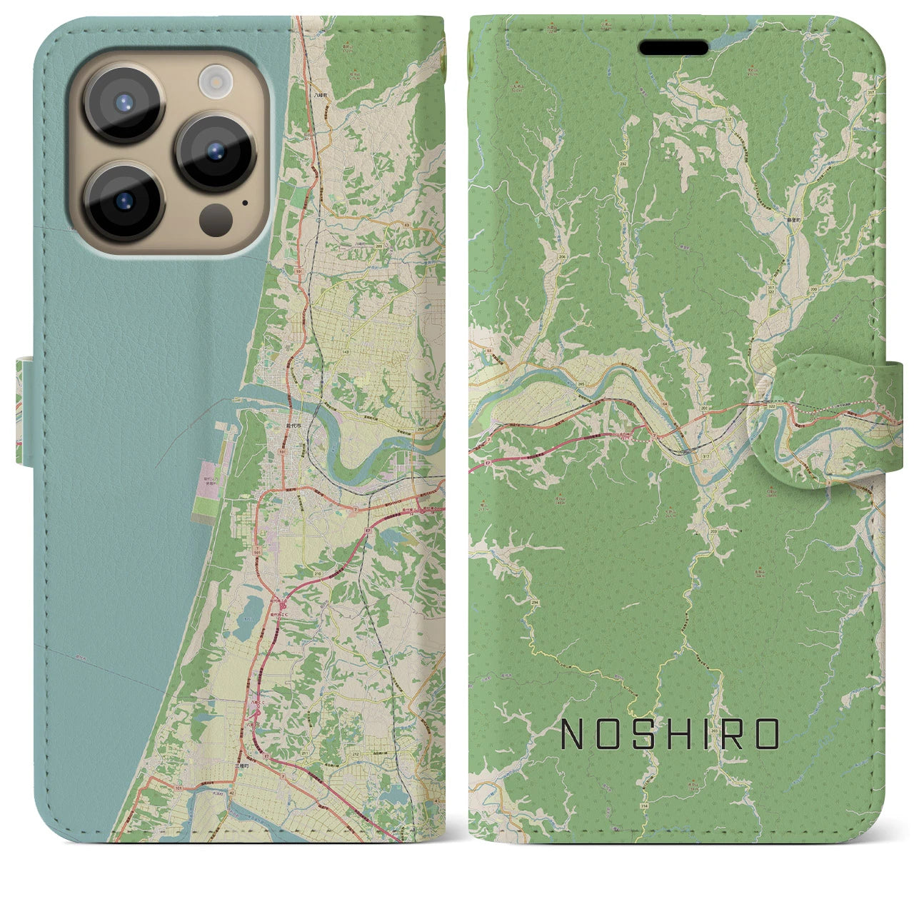 【能代(秋田県)】地図柄iPhoneケース(手帳タイプ)ナチュラル・iPhone 14 Pro Max 用