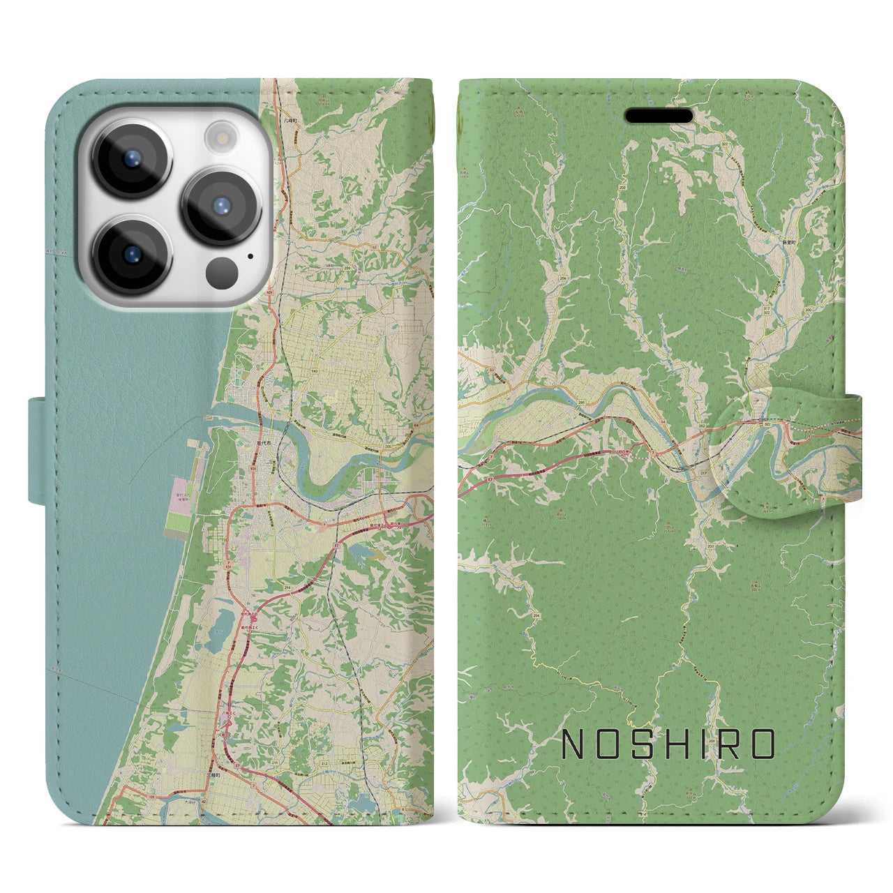 【能代(秋田県)】地図柄iPhoneケース(手帳タイプ)ナチュラル・iPhone 14 Pro 用