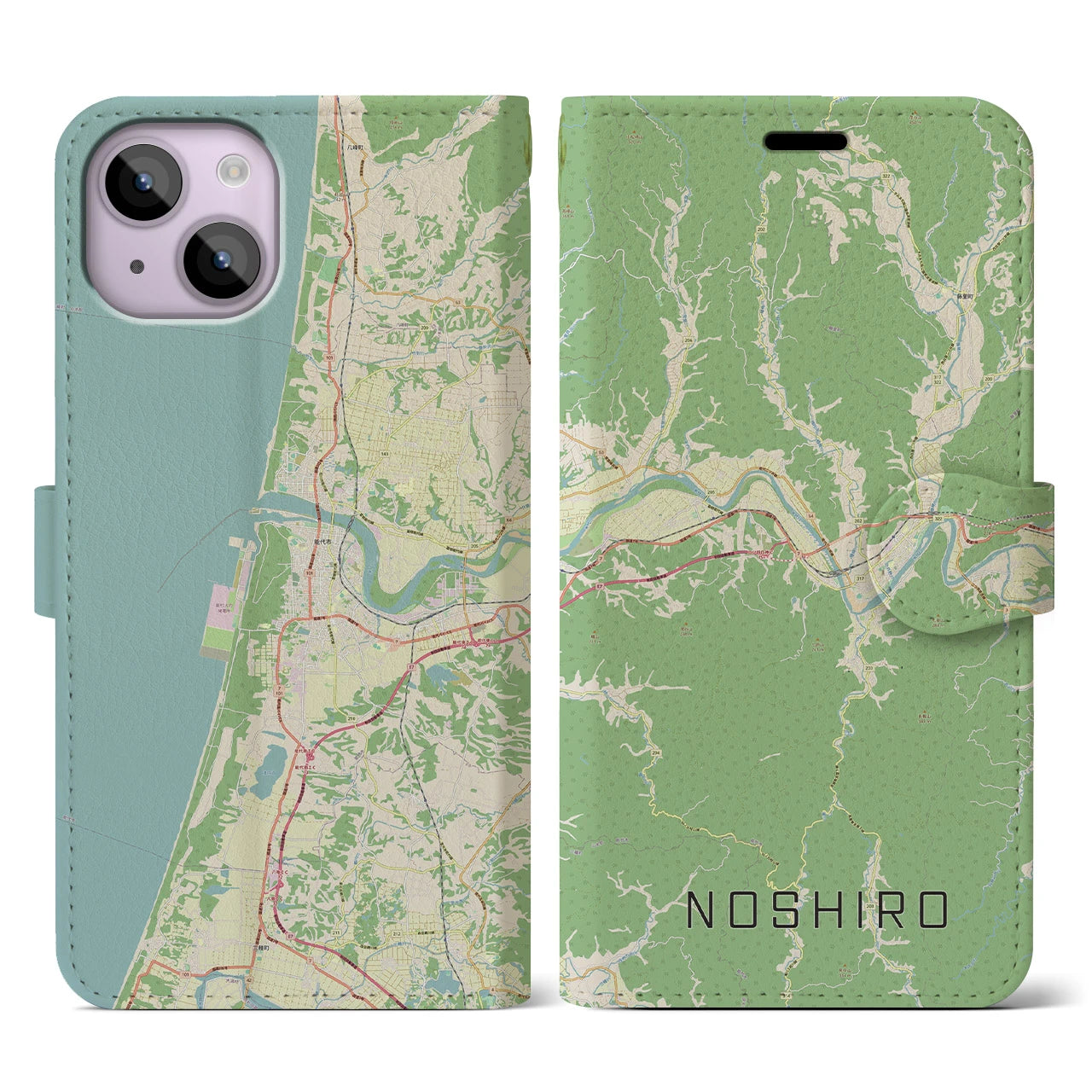 【能代(秋田県)】地図柄iPhoneケース(手帳タイプ)ナチュラル・iPhone 14 用