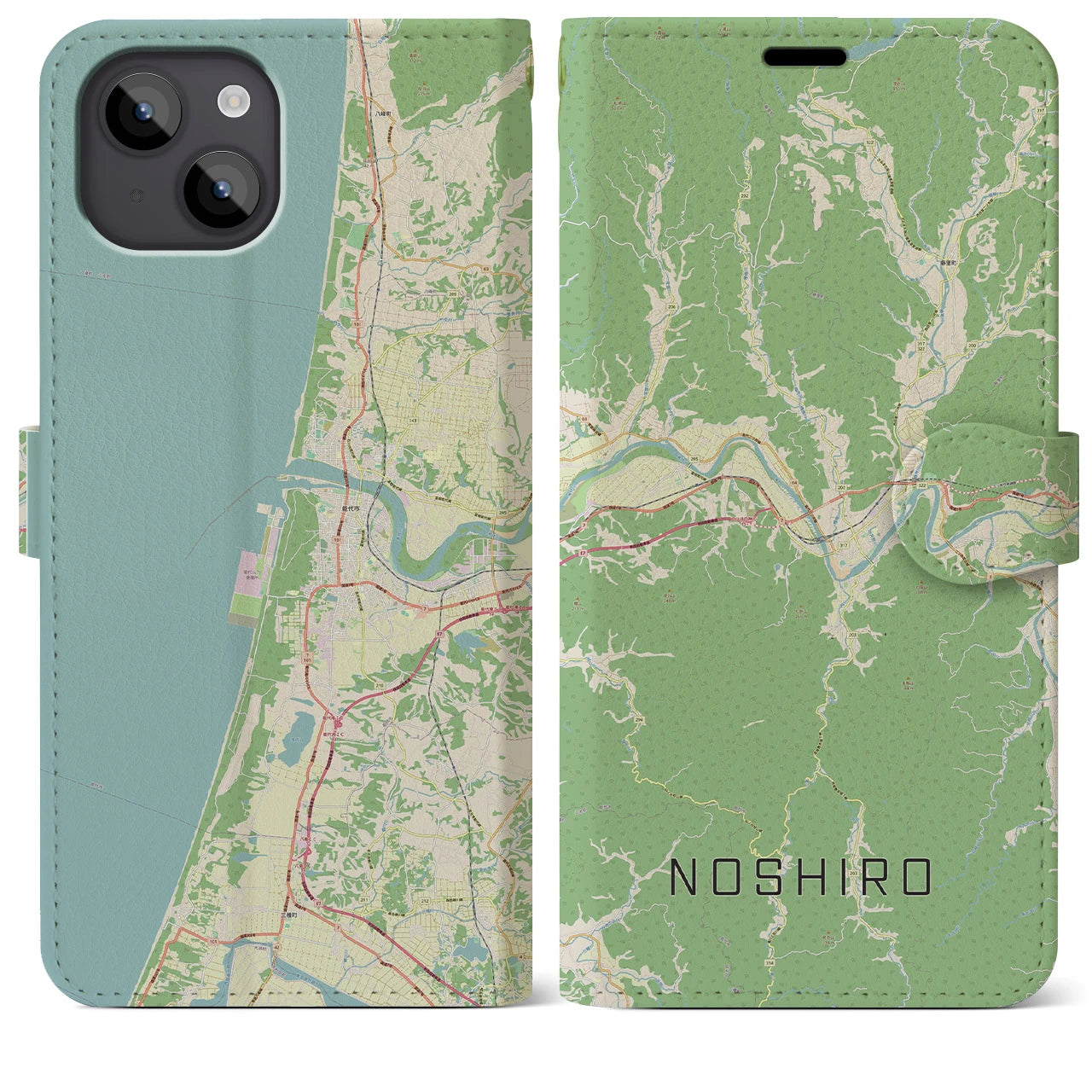 【能代(秋田県)】地図柄iPhoneケース(手帳タイプ)ナチュラル・iPhone 14 Plus 用