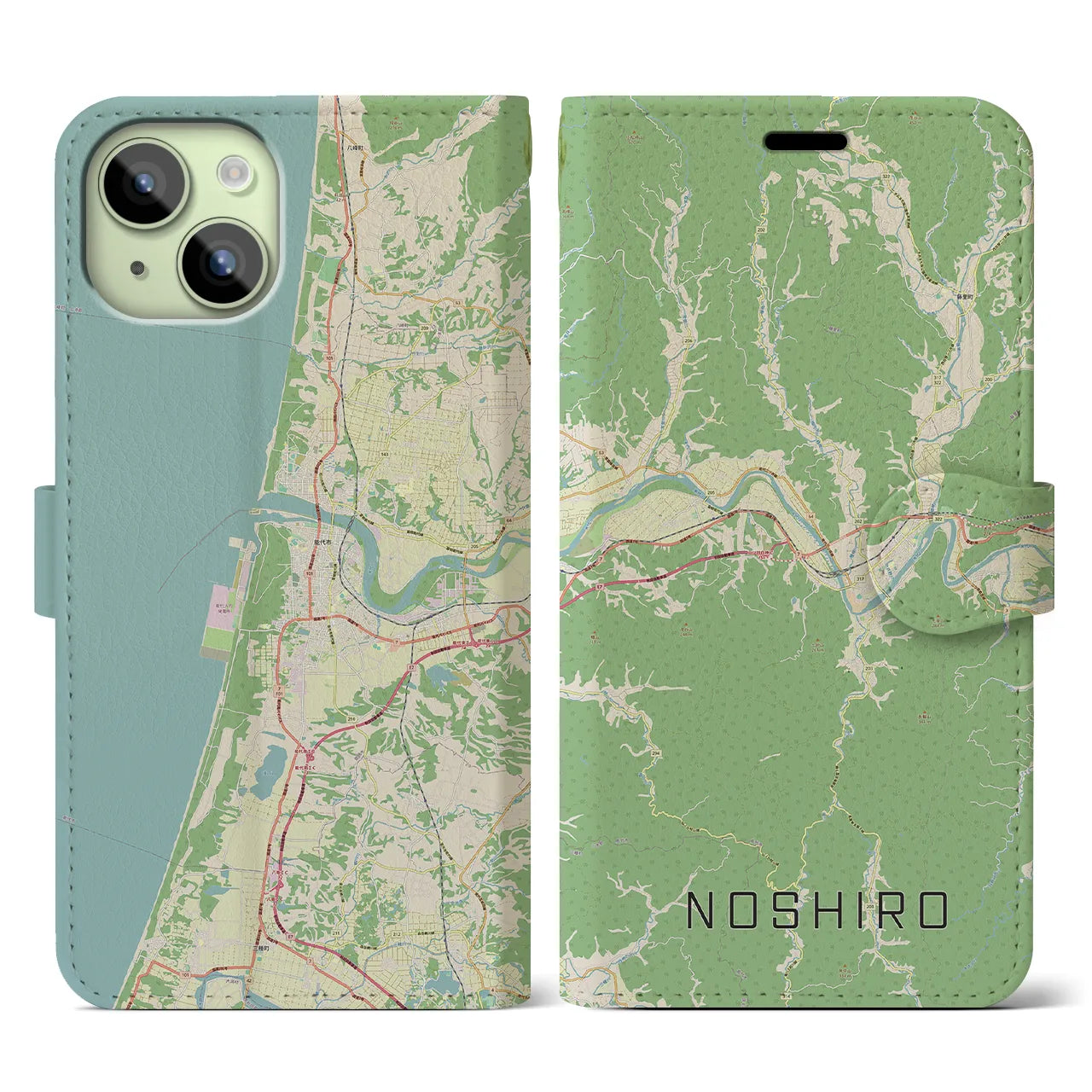 【能代(秋田県)】地図柄iPhoneケース(手帳タイプ)ナチュラル・iPhone 15 用