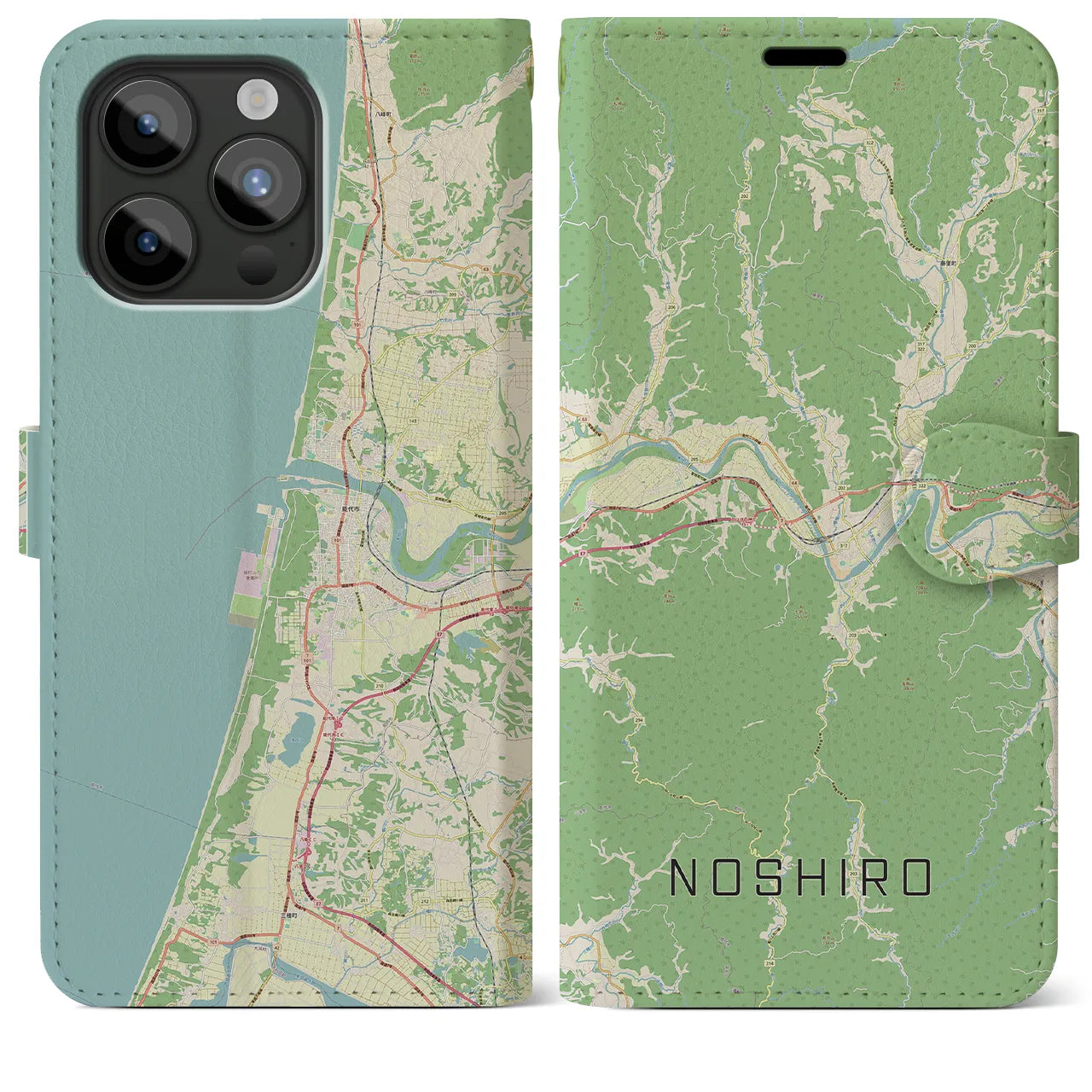 【能代(秋田県)】地図柄iPhoneケース(手帳タイプ)ナチュラル・iPhone 15 Pro Max 用