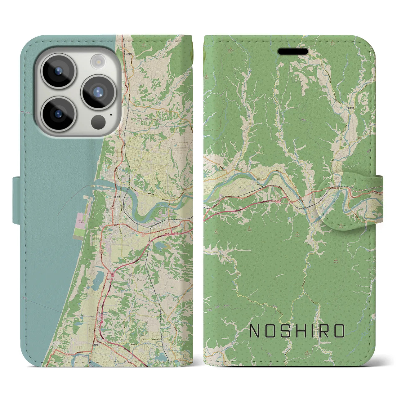 【能代(秋田県)】地図柄iPhoneケース(手帳タイプ)ナチュラル・iPhone 15 Pro 用