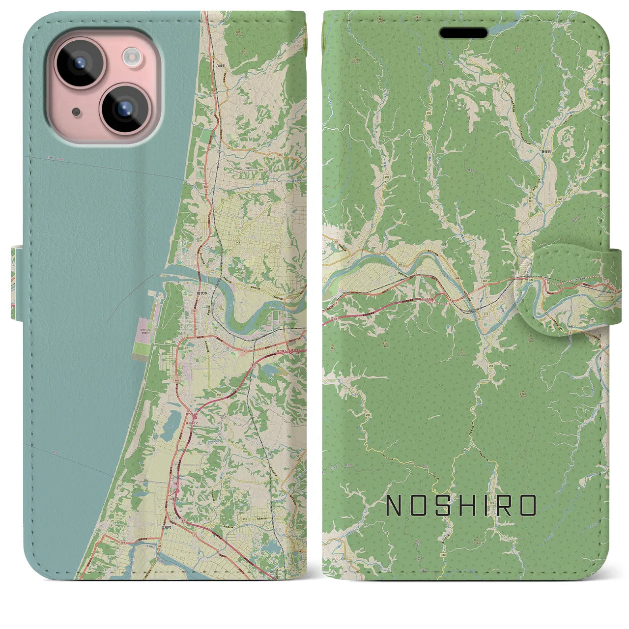 【能代(秋田県)】地図柄iPhoneケース(手帳タイプ)ナチュラル・iPhone 15 Plus 用