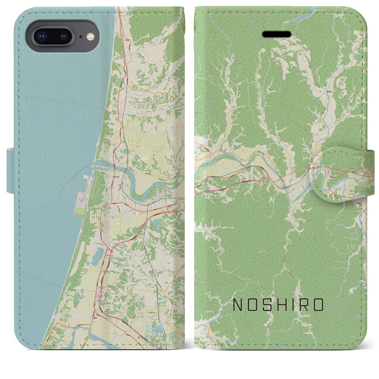 【能代(秋田県)】地図柄iPhoneケース(手帳タイプ)ナチュラル・iPhone 8Plus /7Plus / 6sPlus / 6Plus 用