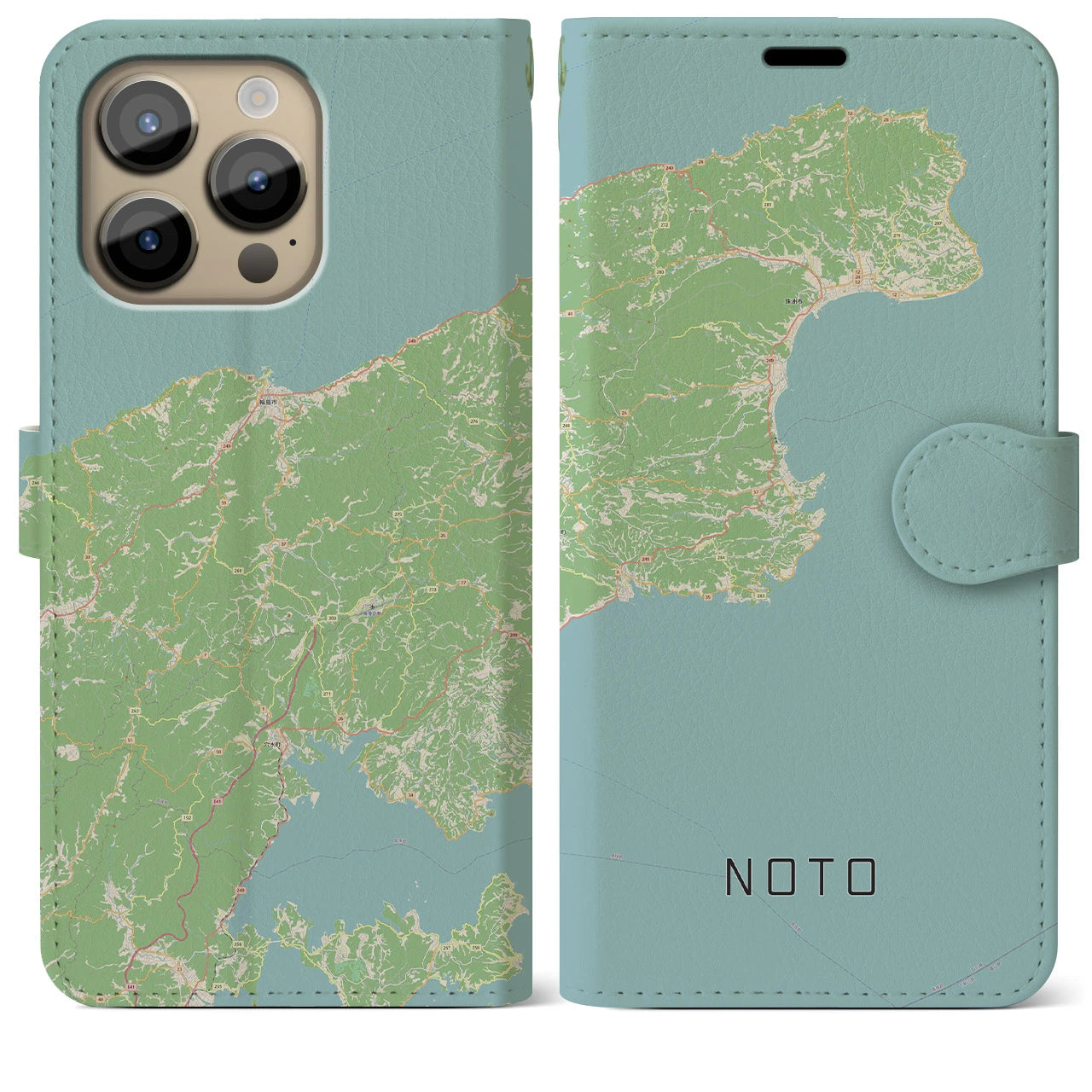 【能登(石川県)】地図柄iPhoneケース(手帳タイプ)ナチュラル・iPhone 14 Pro Max 用
