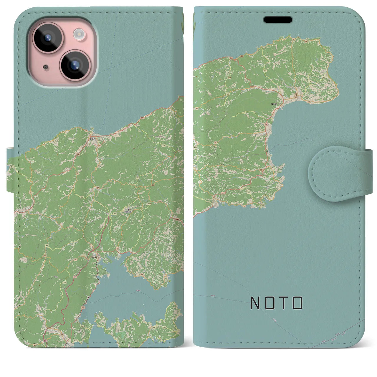 【能登(石川県)】地図柄iPhoneケース(手帳タイプ)ナチュラル・iPhone 15 Plus 用