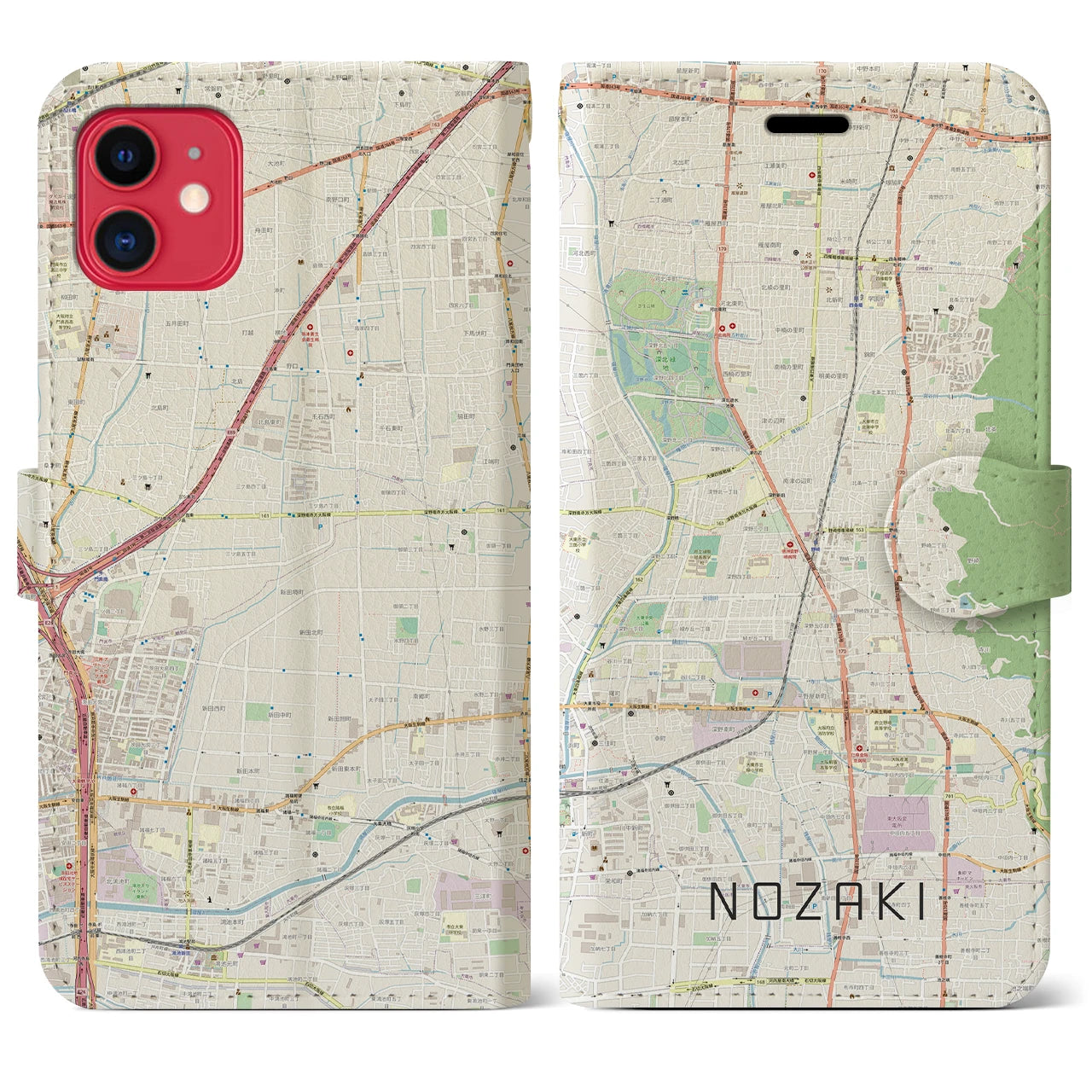 【野崎(大阪府)】地図柄iPhoneケース(手帳タイプ)ナチュラル・iPhone 11 用