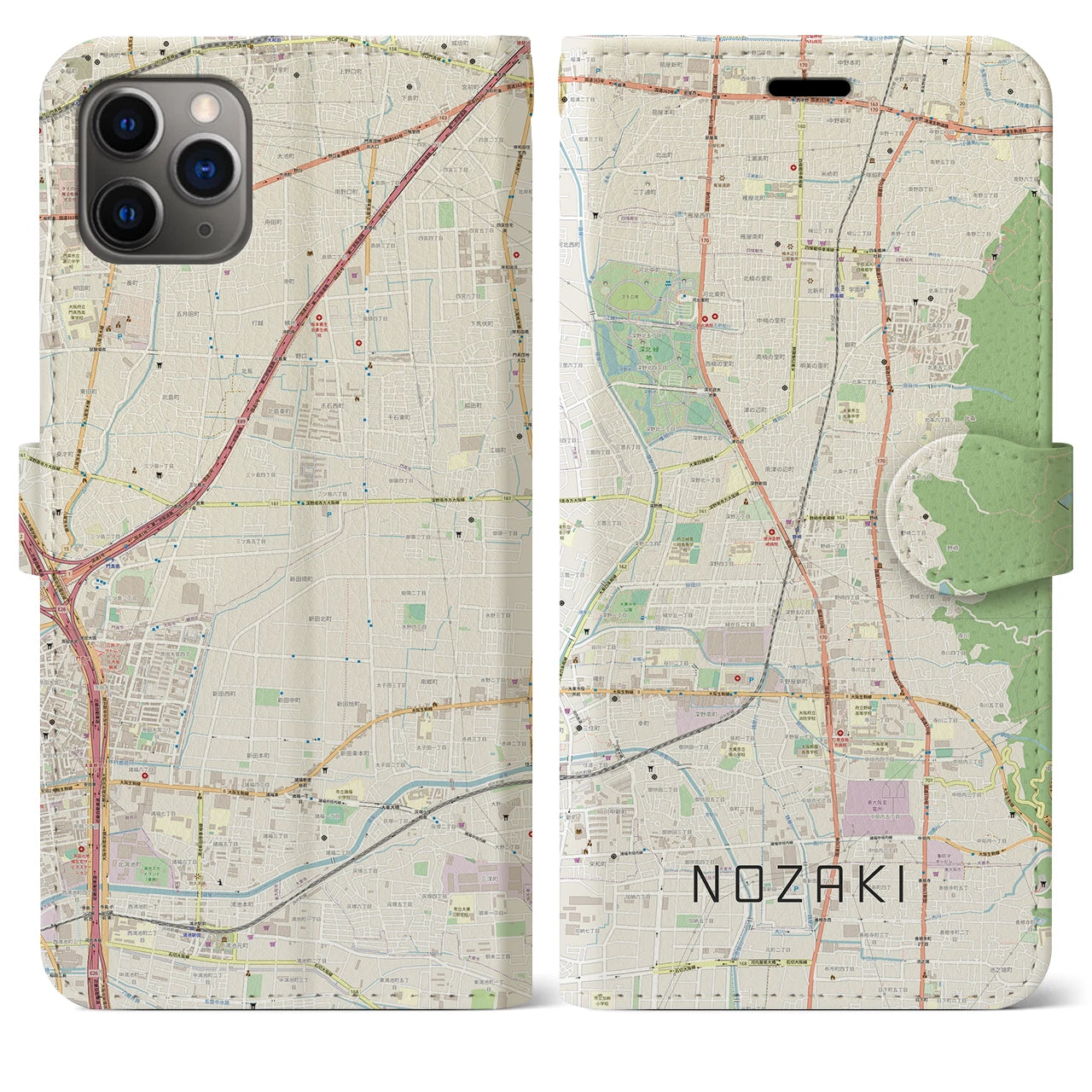 【野崎(大阪府)】地図柄iPhoneケース(手帳タイプ)ナチュラル・iPhone 11 Pro Max 用