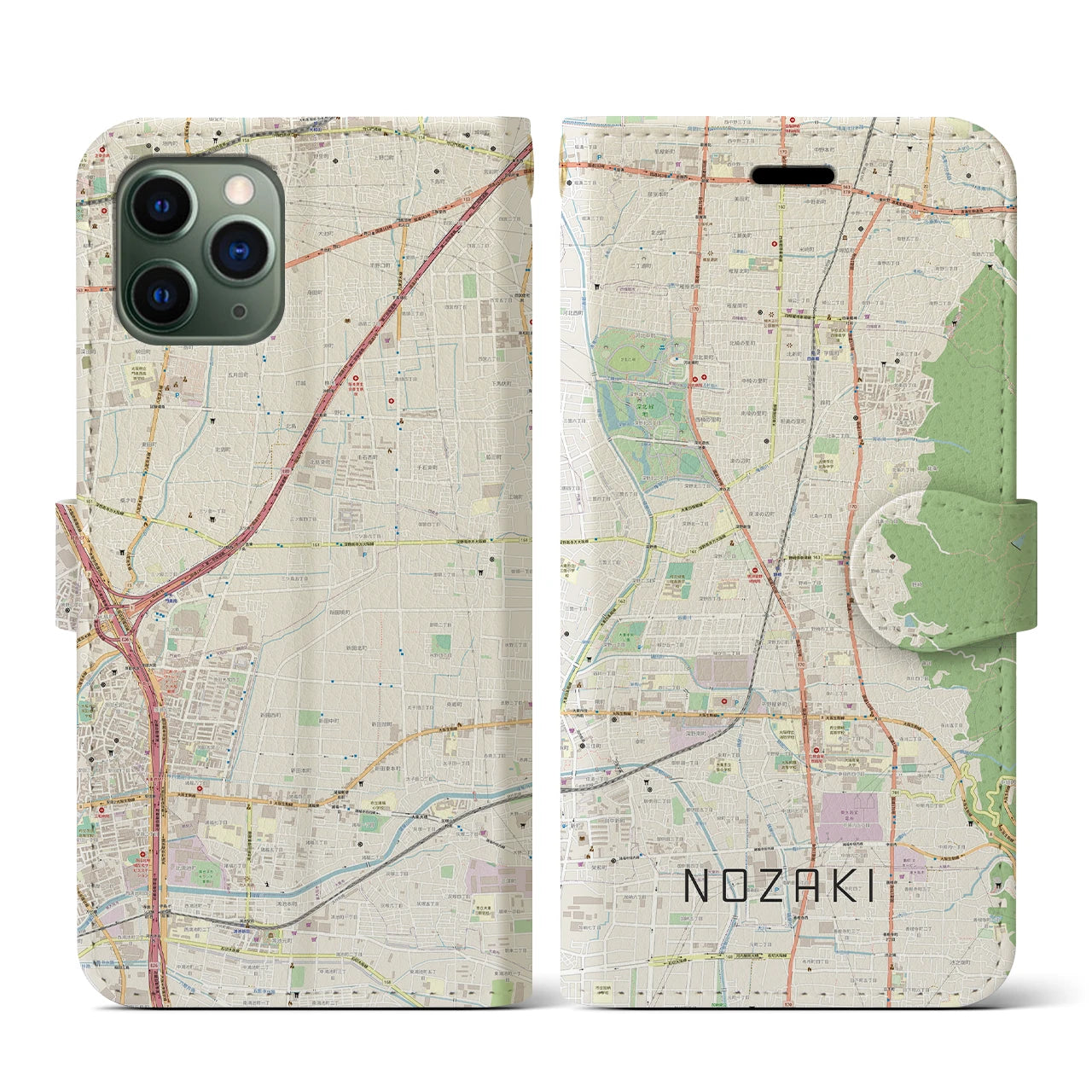 【野崎(大阪府)】地図柄iPhoneケース(手帳タイプ)ナチュラル・iPhone 11 Pro 用