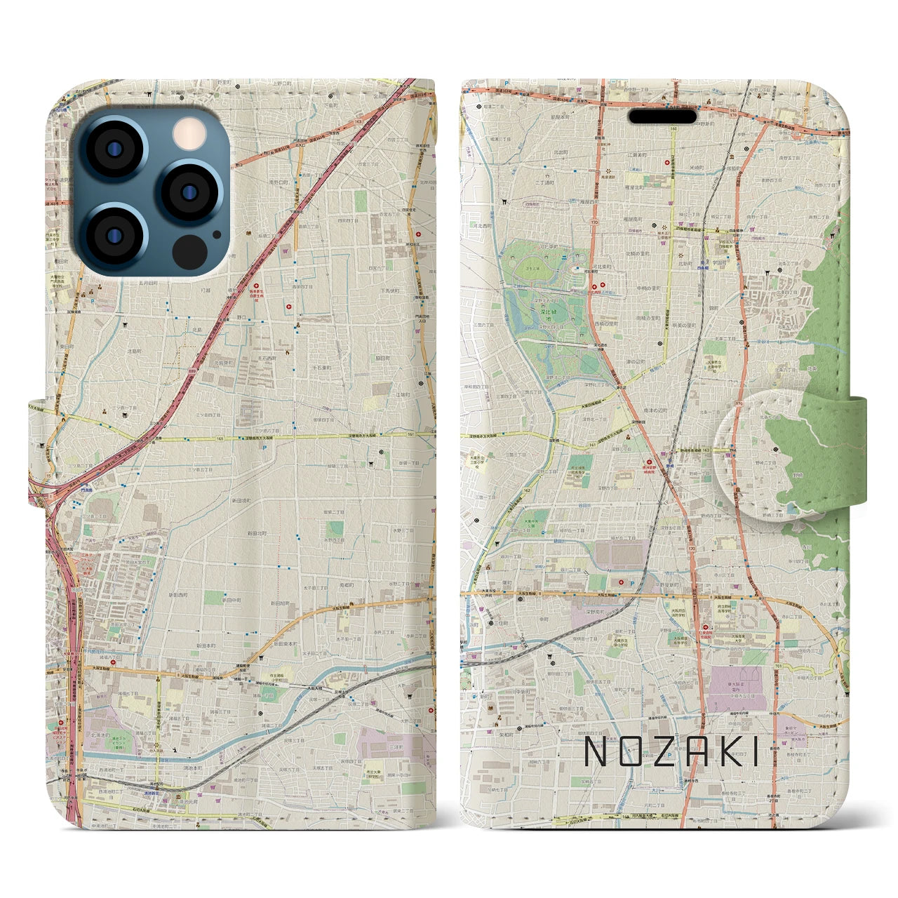 【野崎(大阪府)】地図柄iPhoneケース(手帳タイプ)ナチュラル・iPhone 12 / 12 Pro 用