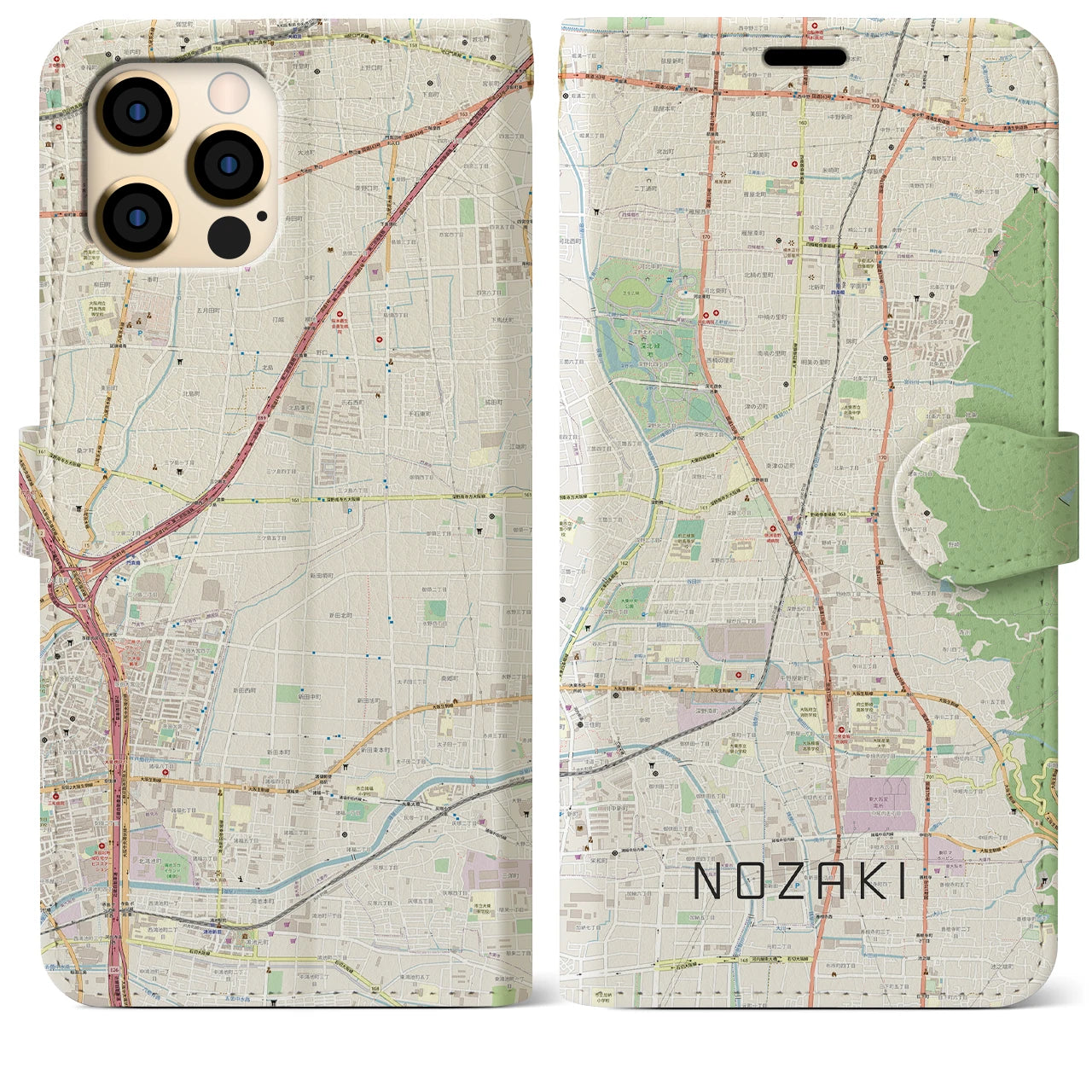 【野崎(大阪府)】地図柄iPhoneケース(手帳タイプ)ナチュラル・iPhone 12 Pro Max 用