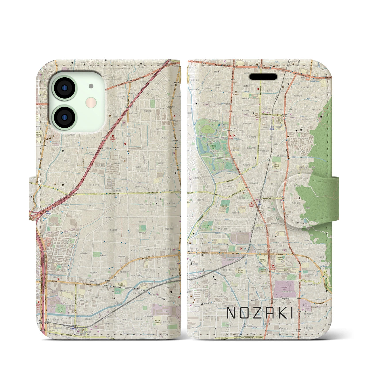 【野崎(大阪府)】地図柄iPhoneケース(手帳タイプ)ナチュラル・iPhone 12 mini 用