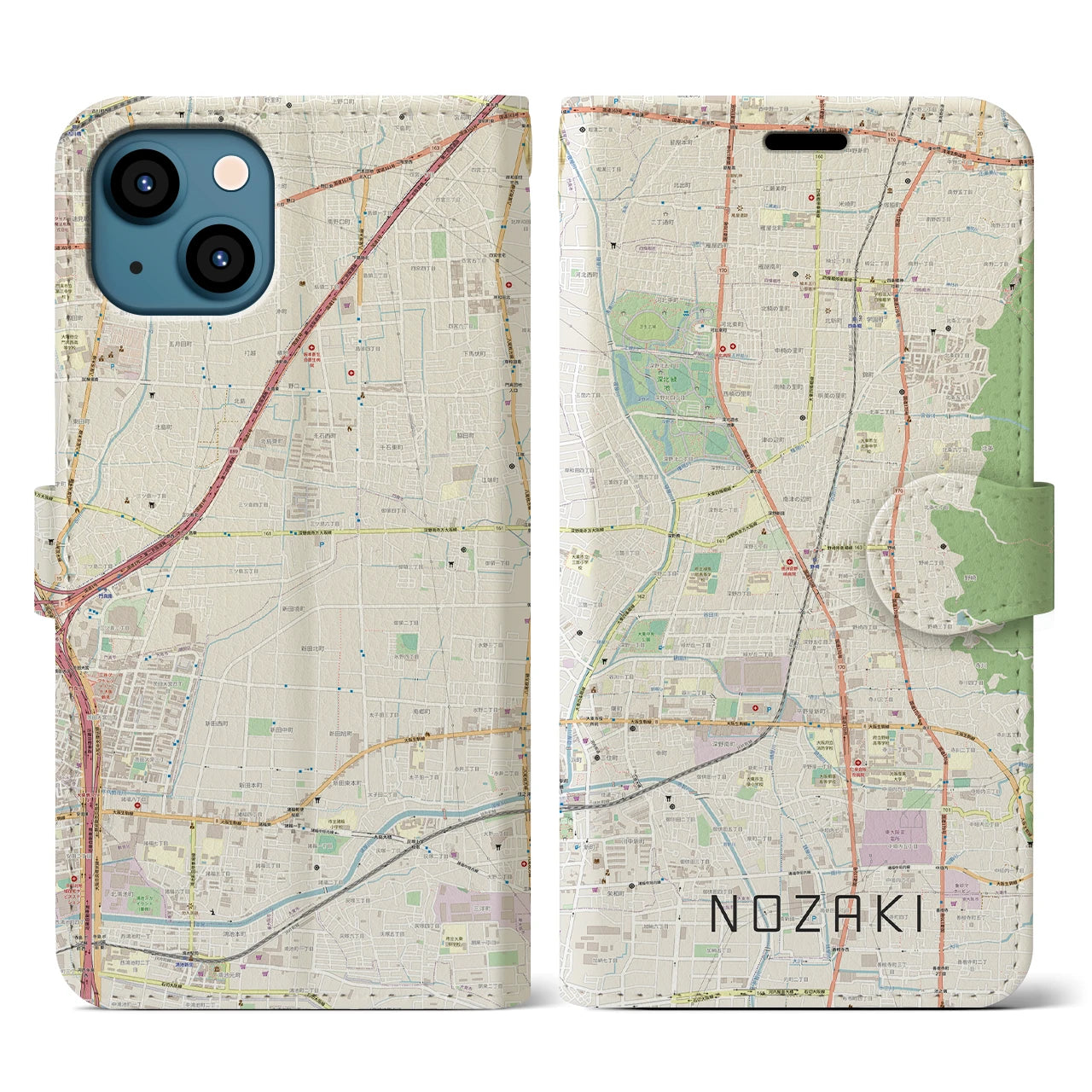 【野崎(大阪府)】地図柄iPhoneケース(手帳タイプ)ナチュラル・iPhone 13 用