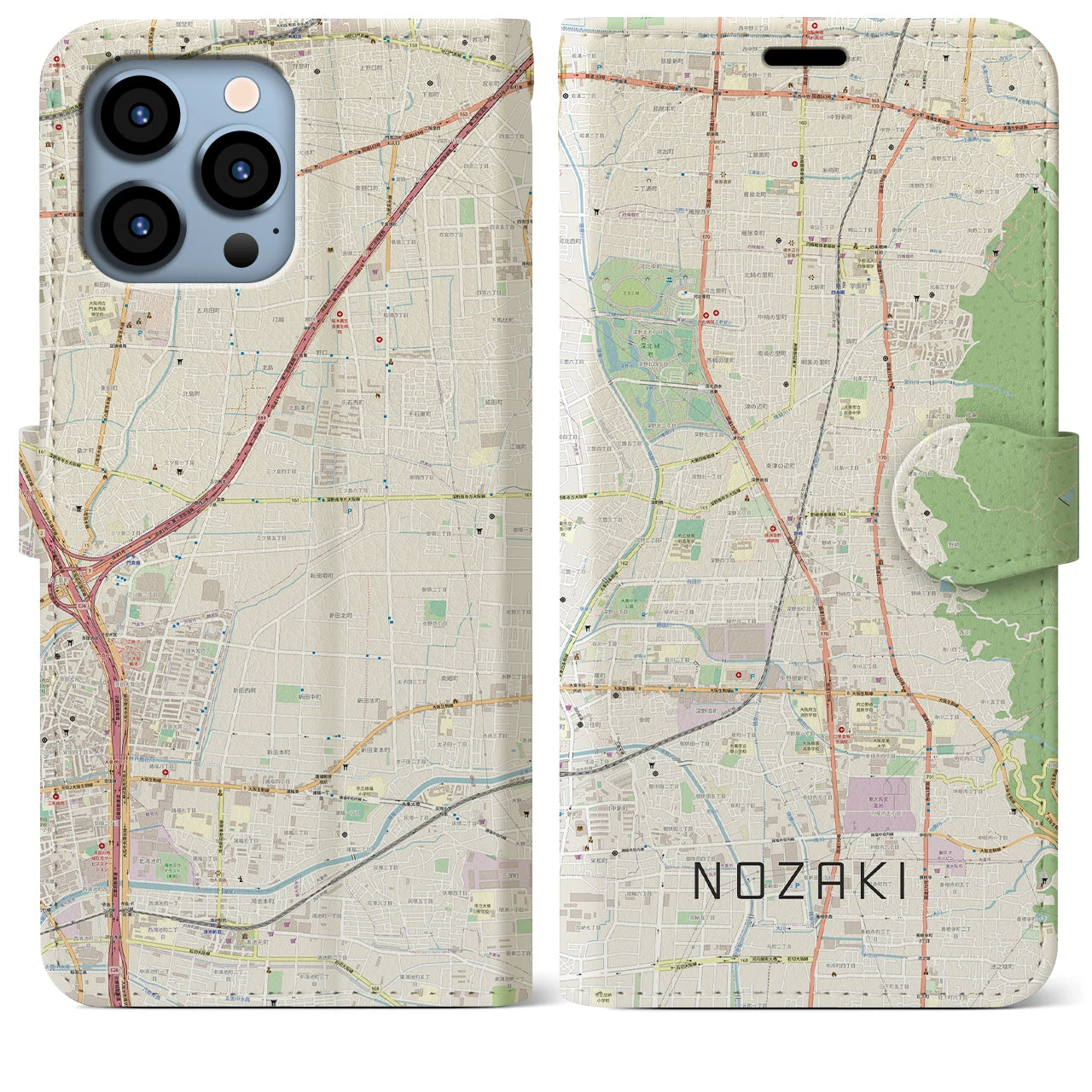 【野崎(大阪府)】地図柄iPhoneケース(手帳タイプ)ナチュラル・iPhone 13 Pro Max 用