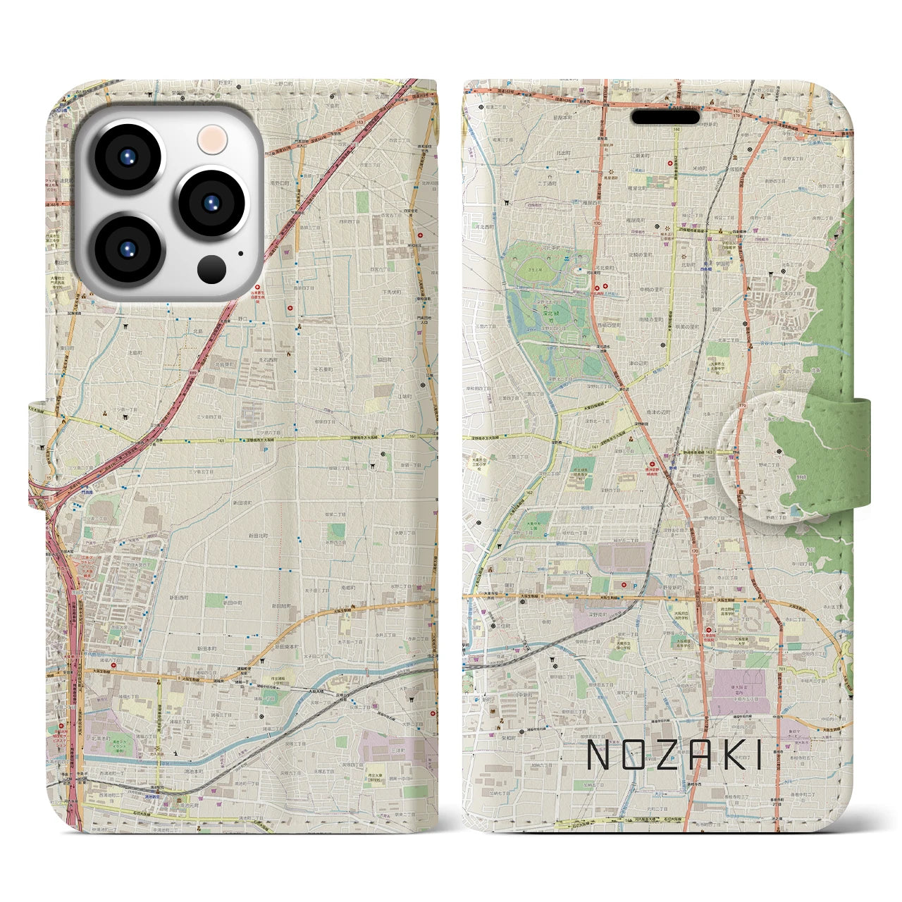 【野崎(大阪府)】地図柄iPhoneケース(手帳タイプ)ナチュラル・iPhone 13 Pro 用