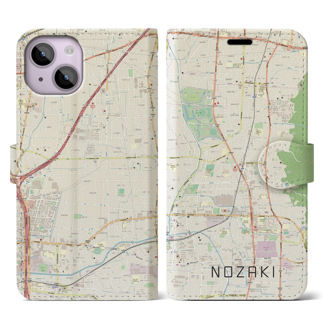 【野崎(大阪府)】地図柄iPhoneケース(手帳タイプ)ナチュラル・iPhone 14 用