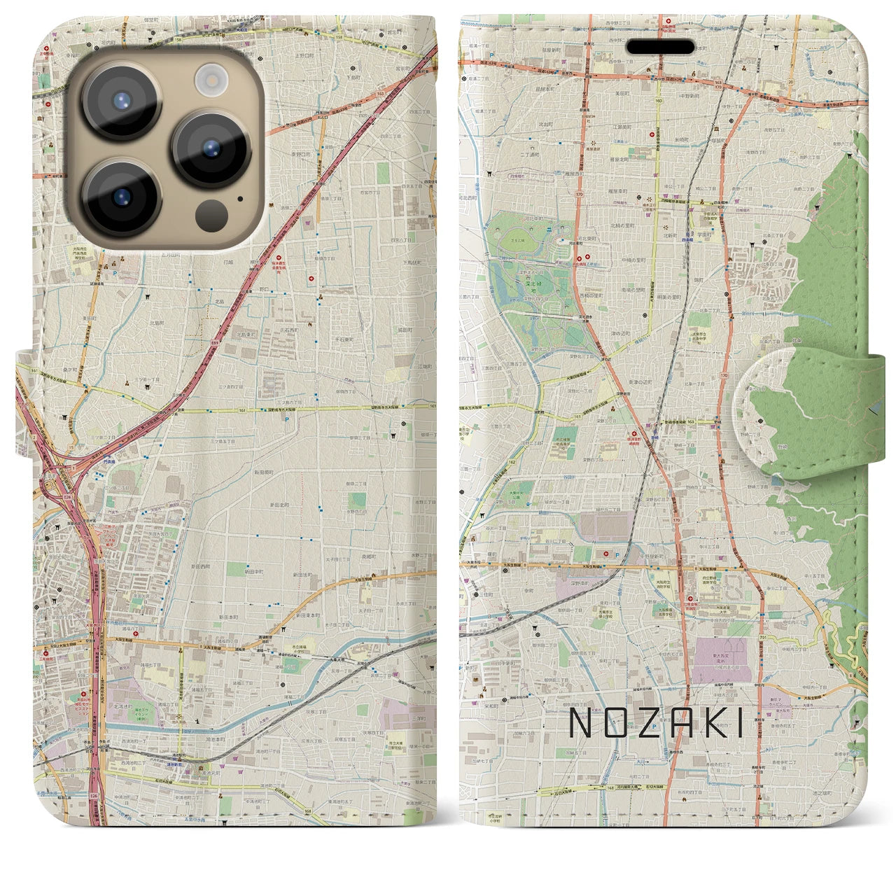 【野崎(大阪府)】地図柄iPhoneケース(手帳タイプ)ナチュラル・iPhone 14 Pro Max 用