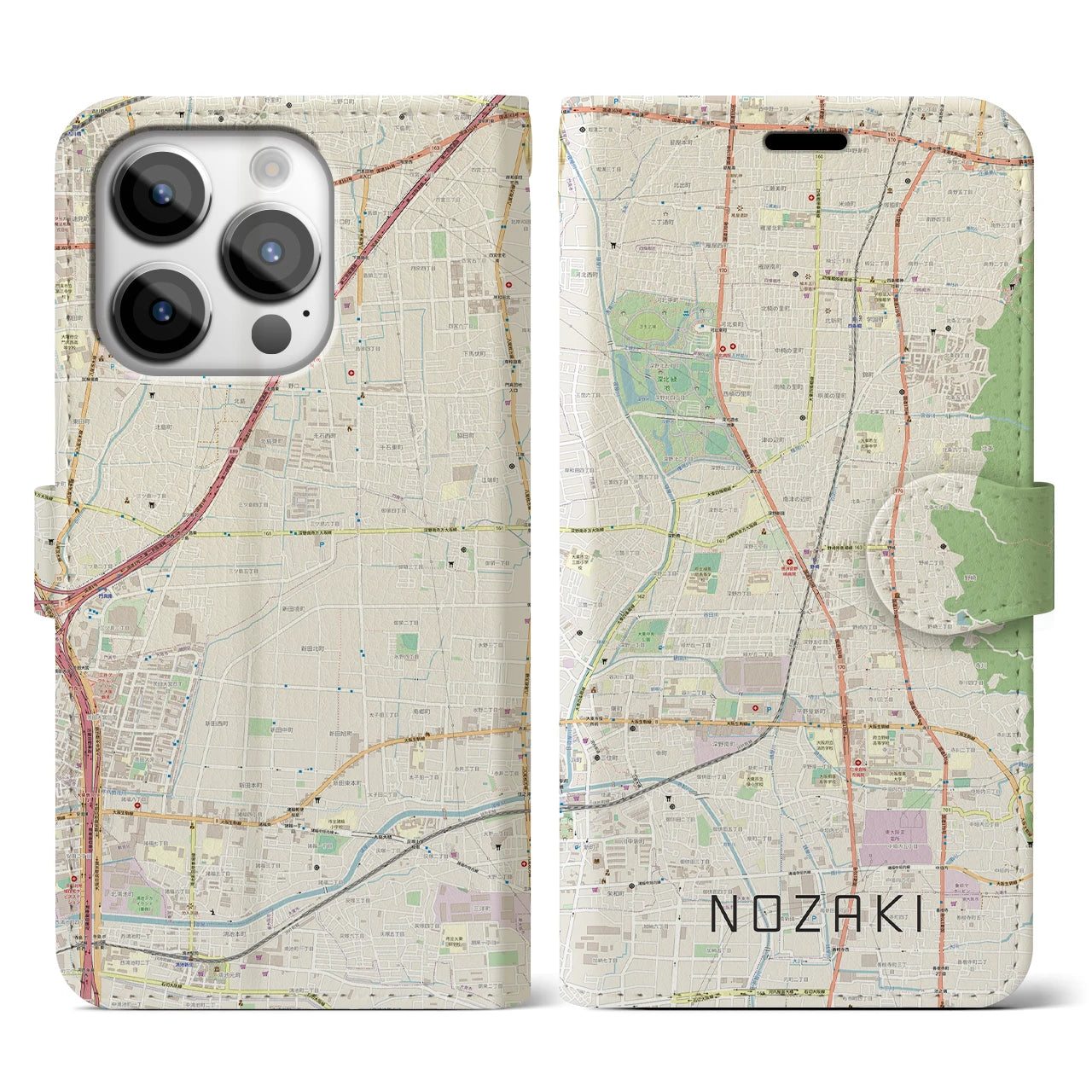 【野崎(大阪府)】地図柄iPhoneケース(手帳タイプ)ナチュラル・iPhone 14 Pro 用