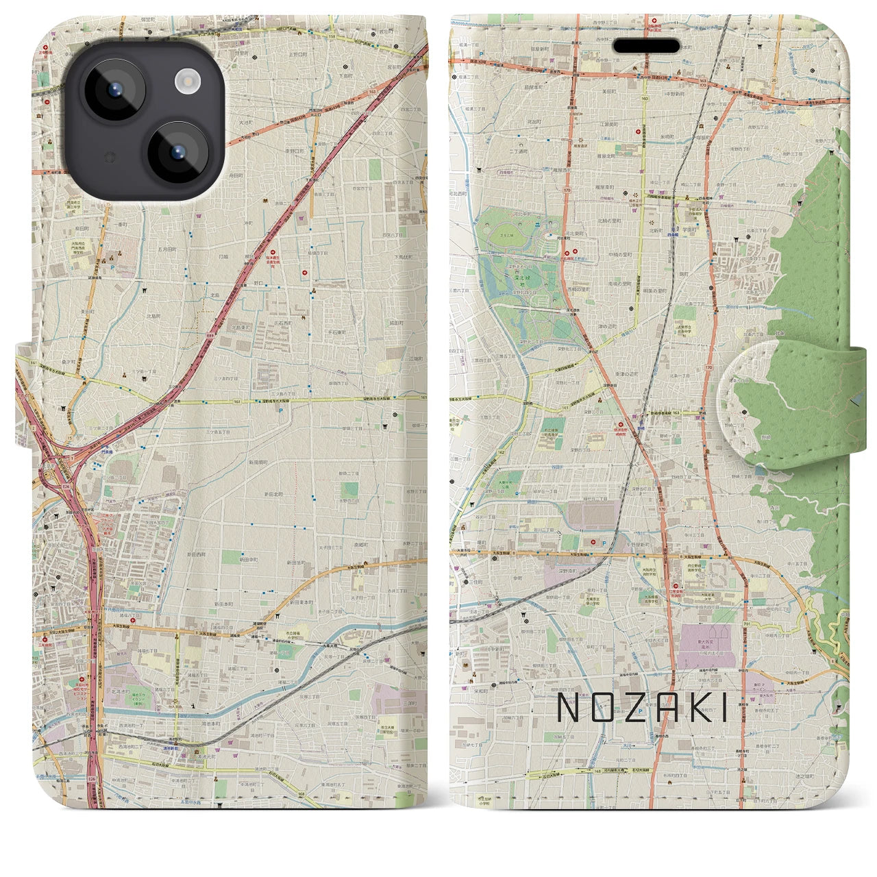 【野崎(大阪府)】地図柄iPhoneケース(手帳タイプ)ナチュラル・iPhone 14 Plus 用