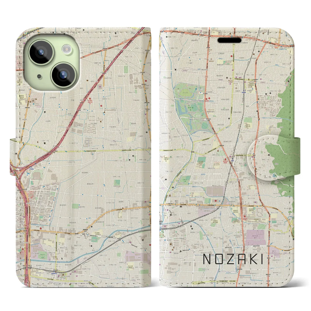 【野崎(大阪府)】地図柄iPhoneケース(手帳タイプ)ナチュラル・iPhone 15 用