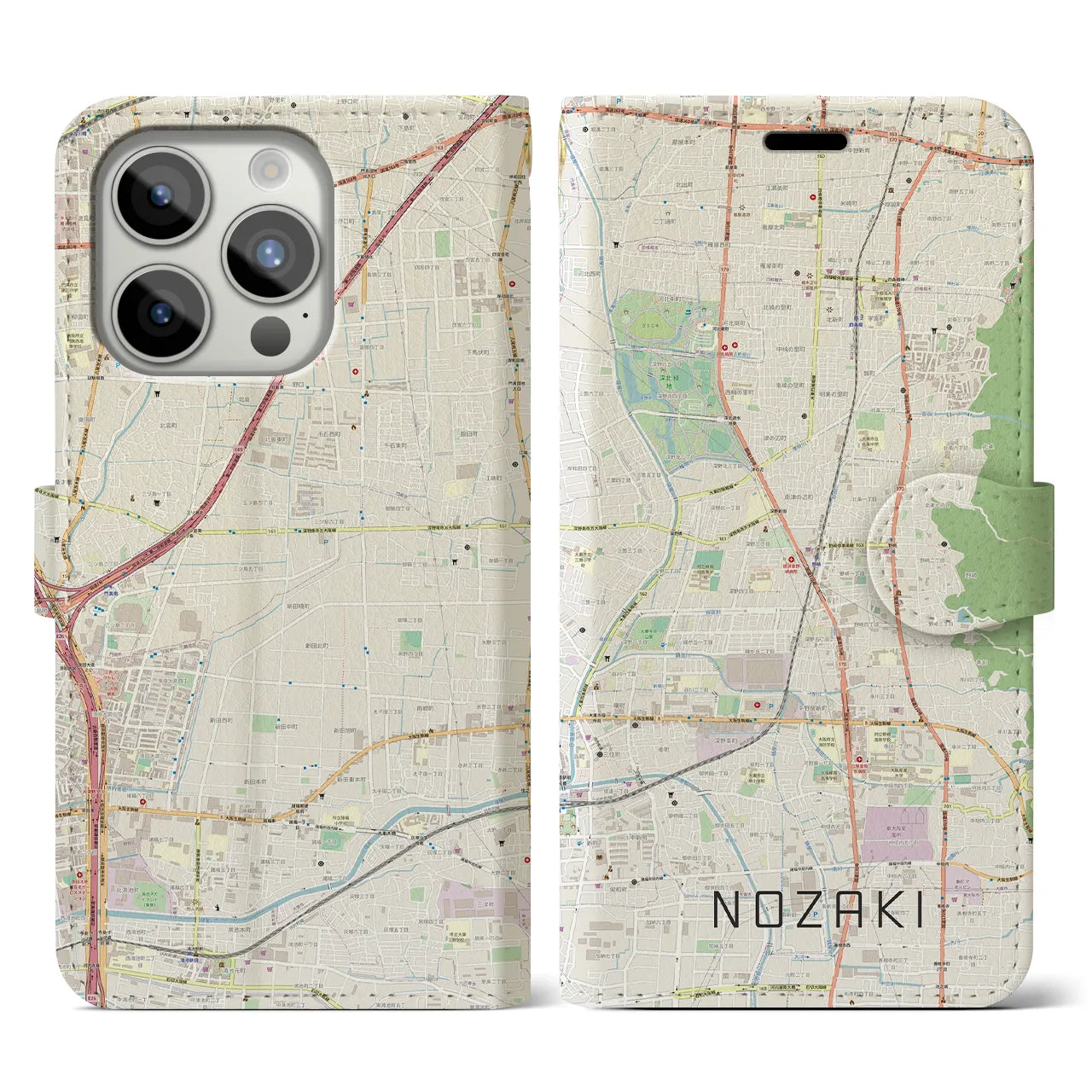 【野崎(大阪府)】地図柄iPhoneケース(手帳タイプ)ナチュラル・iPhone 15 Pro 用